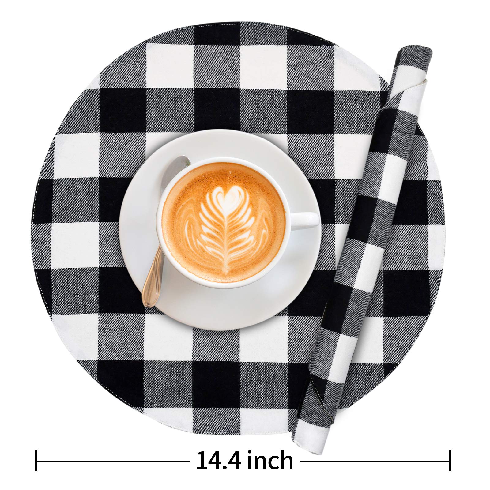 Senneny 6-Piece Round Placemats Set - Reversible Cotton Burlap Buffalo Plaid Placemats for Dining Table - Black & White Farmhouse Decor - Perfect for Round Tables, Kitchen, and Holiday Dinner Settings