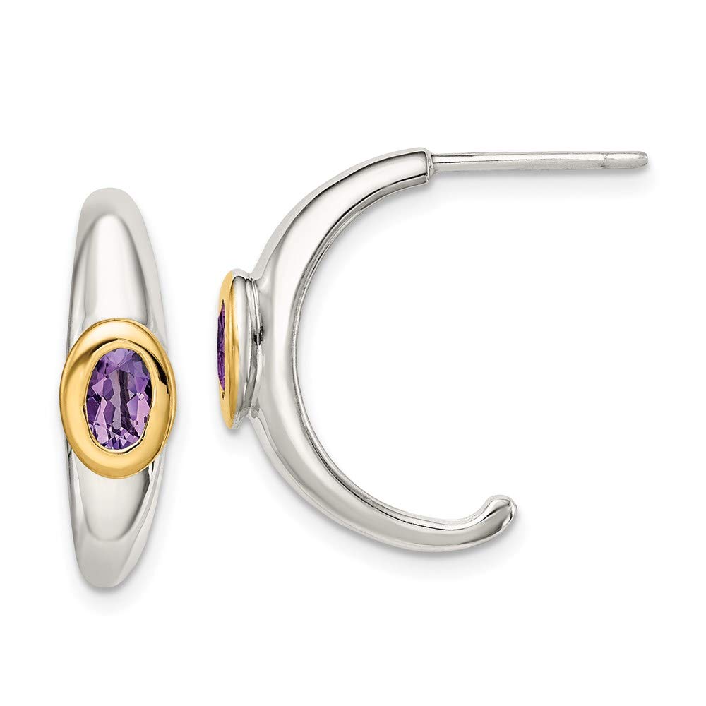 Sterling Silver & 14K Yellow Gold Amethyst J-Hoop Earrings for Women - Elegant Purple Gemstone Dangle Earrings for Party, Wedding & Everyday Wear