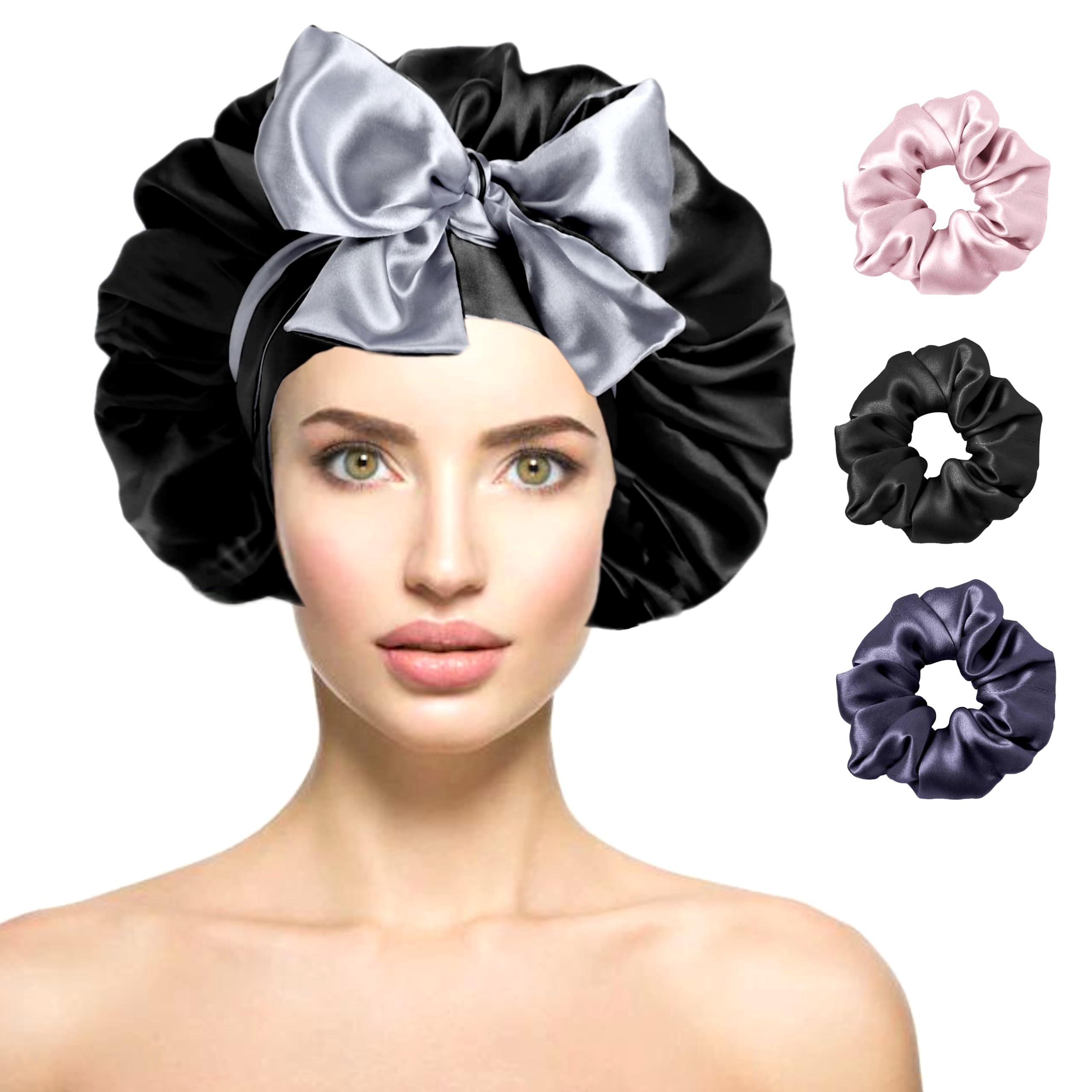 Attune Satin Silk Bonnet for Hair with 3 Premium Scrunchies - Adjustable Silk Sleeping Cap for All Hair Types with Ribbon Tie Band - Satin Hair Wrap (Silver-Black) - Perfect for Nighttime Hair Protection & Styling