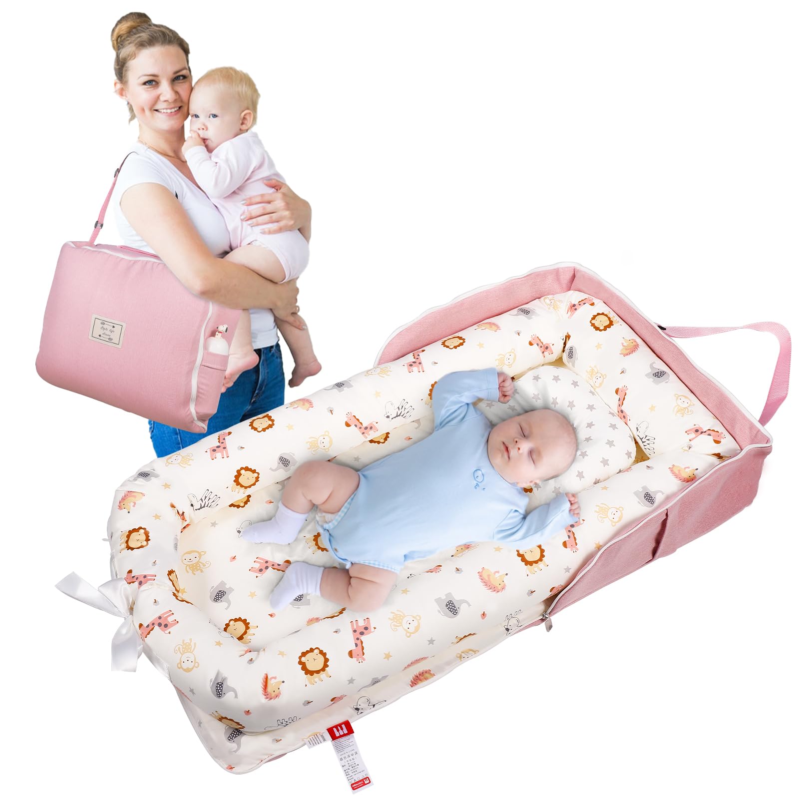 **Portable Baby Lounger & Diaper Bag for Newborns 0-12 Months - 100% Cotton Breathable Foldable Travel Nest Bed for Infants & Toddlers - Perfect for Nursery, Travel, Park & Outdoor Use (Pink Print)**