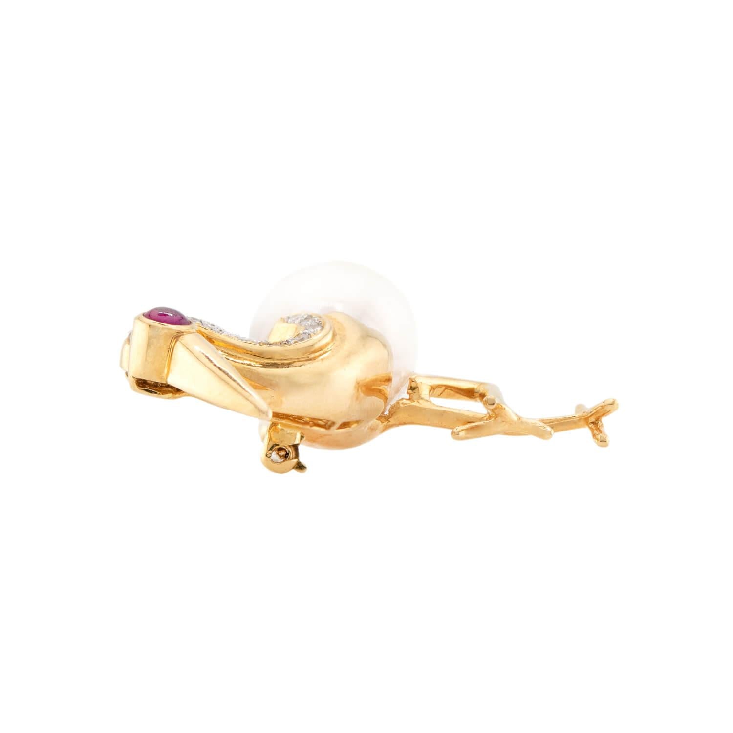 18k Gold Diamond Ruby Pearl Heron Brooch Pin - Elegant Vintage Jewelry for Women, Perfect Gift for Weddings, Anniversaries & Special Occasions