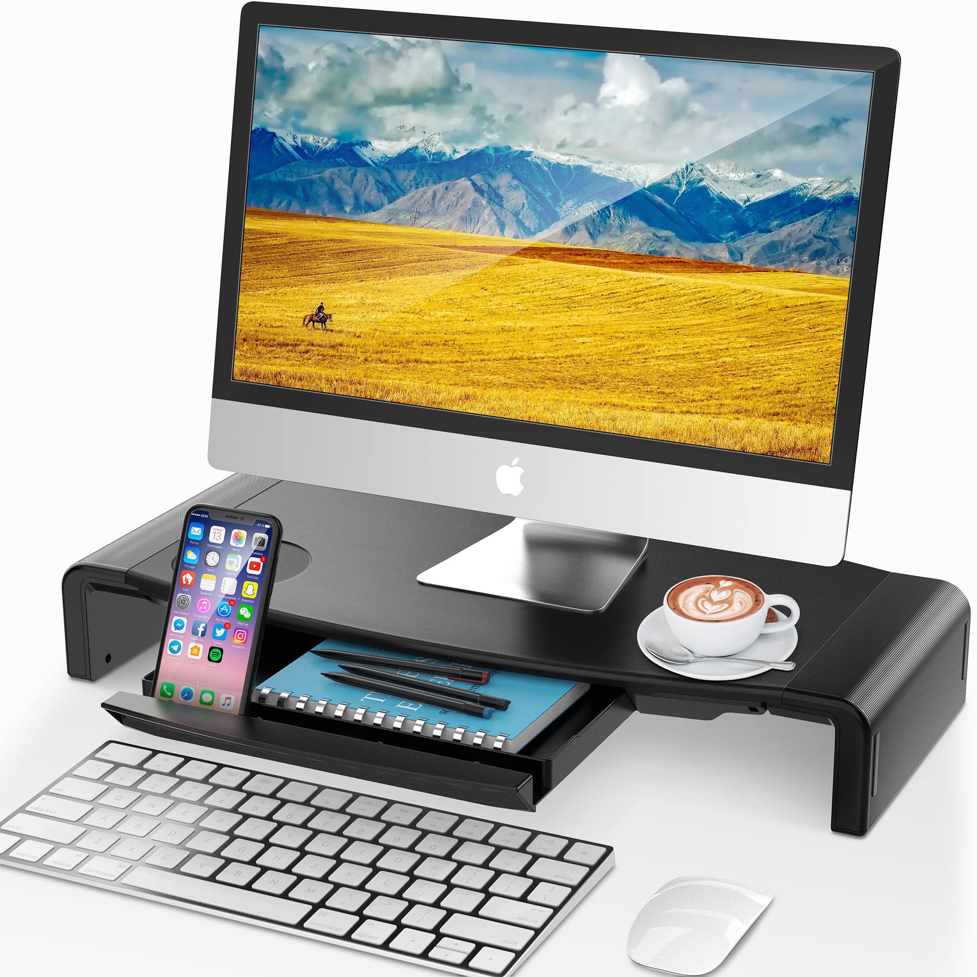 AboveTEK Foldable Monitor Stand with Drawer - Adjustable Height Computer Riser for PC, Laptop, Printer | Space-Saving Desk Organizer | Perfect for Home Office, Gaming Setup & Workspace (Black)