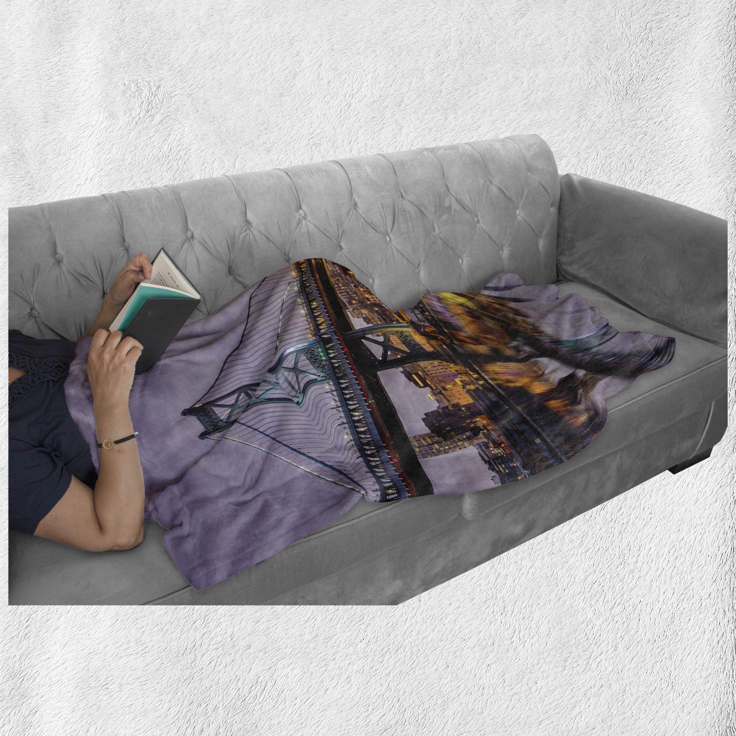 Lunarable USA Soft Flannel Fleece Throw Blanket - Ben Franklin Bridge & Philadelphia Skyline Sunset Design, 50