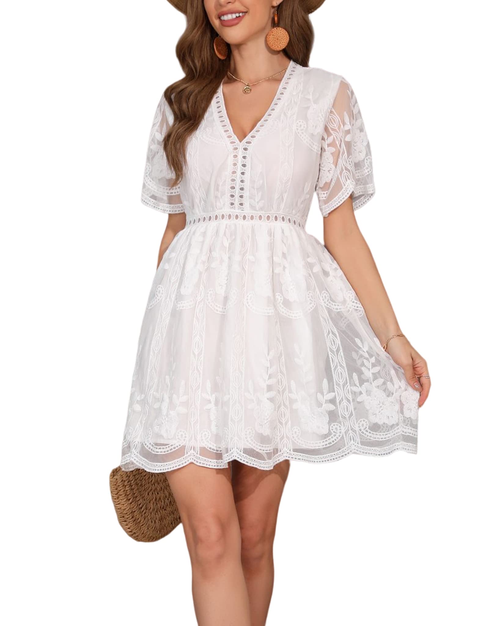 HOYISHION Women's Floral Embroidered V-Neck Lace Mini Dress - Short Sleeve Cocktail Party Dress for Wedding Guest, Date Night & Special Occasions