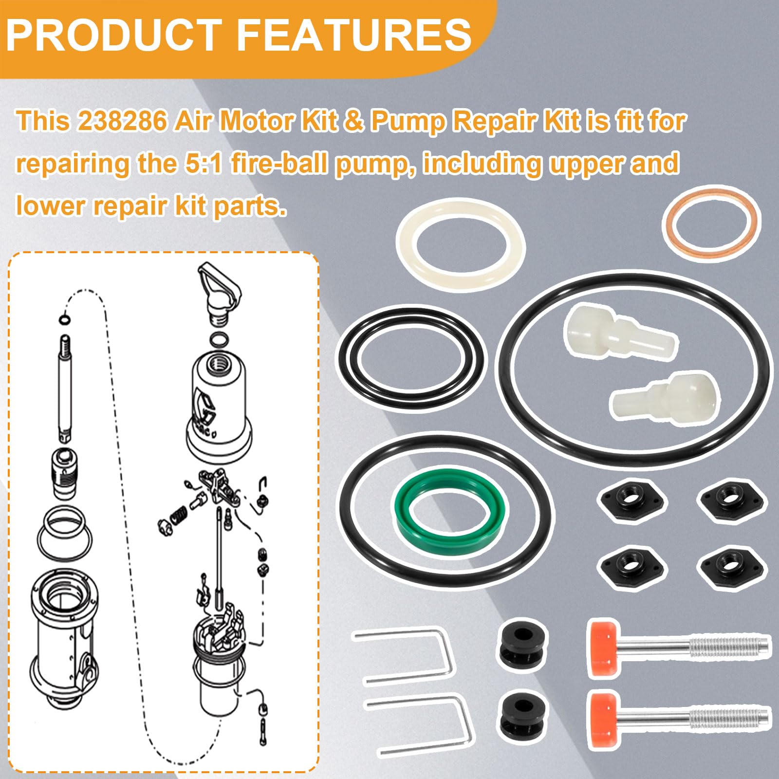 Graco 5:1 Ratio Fire Ball 300 Oil Pump Repair Kit - Compatible with Air Motors & Universal Pumps - Replacement Parts for Maintenance & Fixes - Ideal for Industrial Equipment Repair & Hydraulic System Servicing