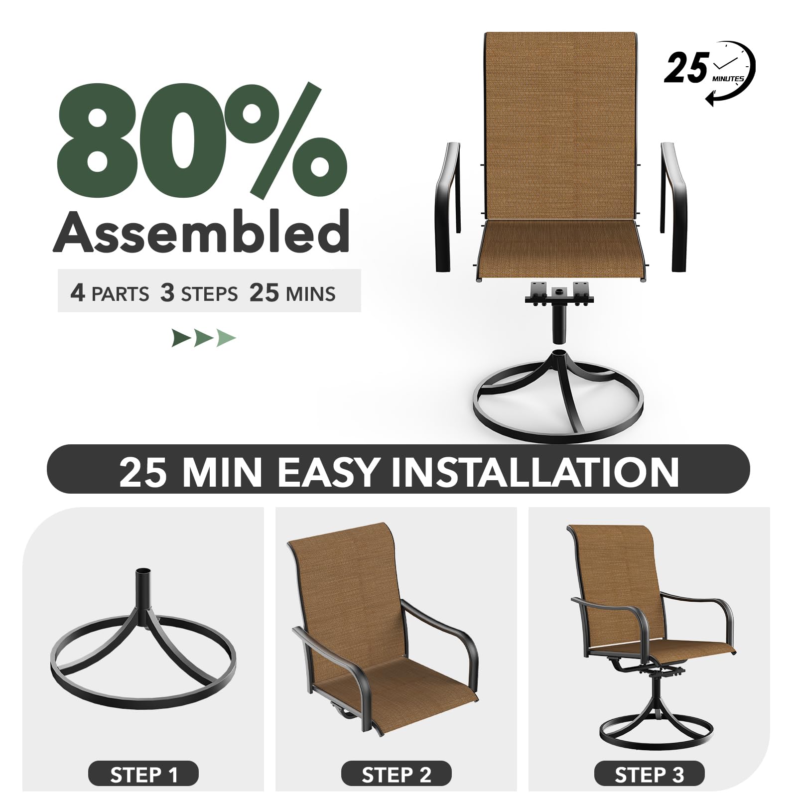 2-Piece High Back Outdoor Swivel Rocking Chair Set - All-Weather Brown Patio Dining Chairs with Curved Armrests for Garden, Deck, Poolside & Backyard Relaxation