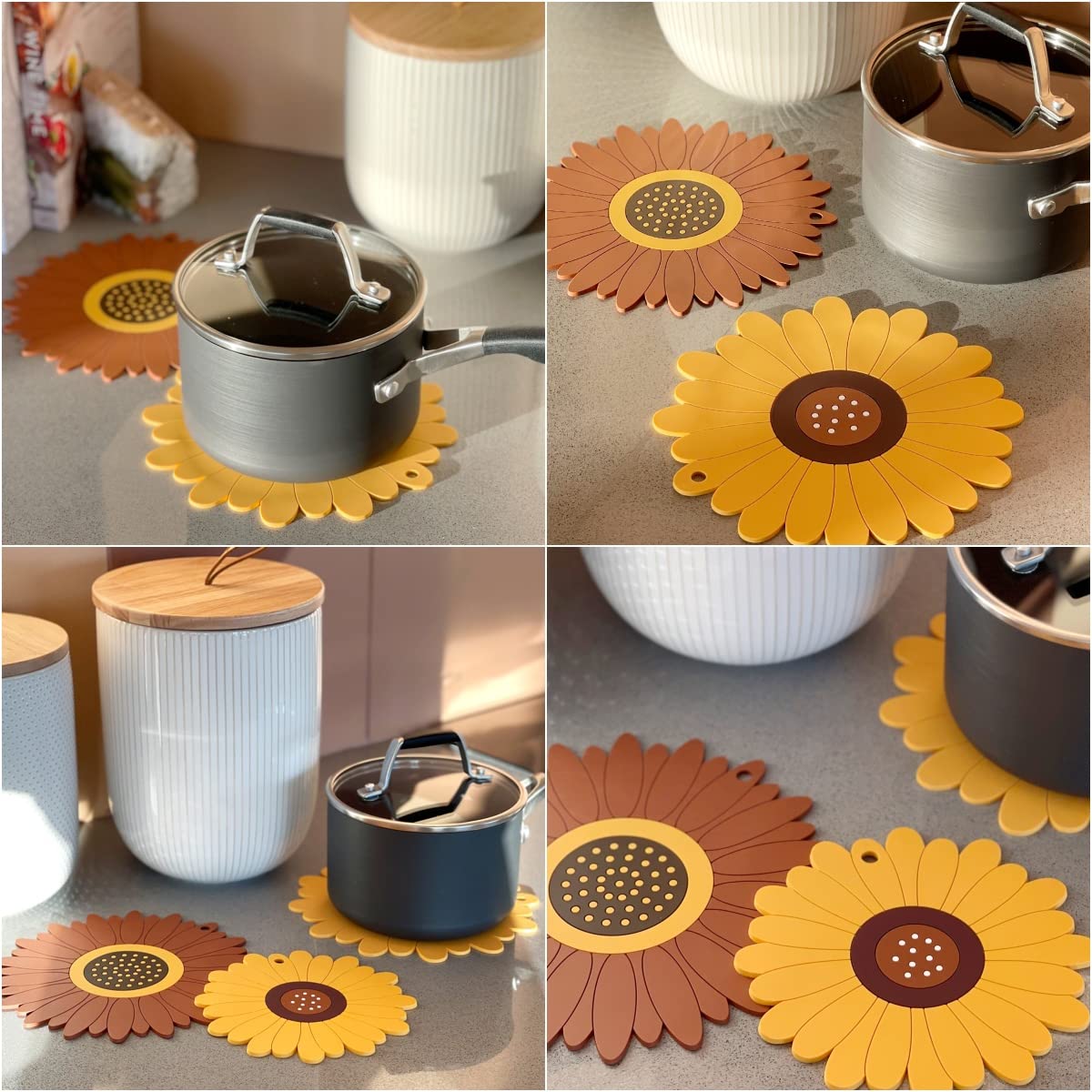 Allydrew Sunflower Coasters & Trivet Mats Set of 2 - Heat Resistant Pot Holders for Hot Cups, Drinks, Pots and Pans - Large Kitchen Table Decor for Dining Room, Coffee Bar & Home Decor