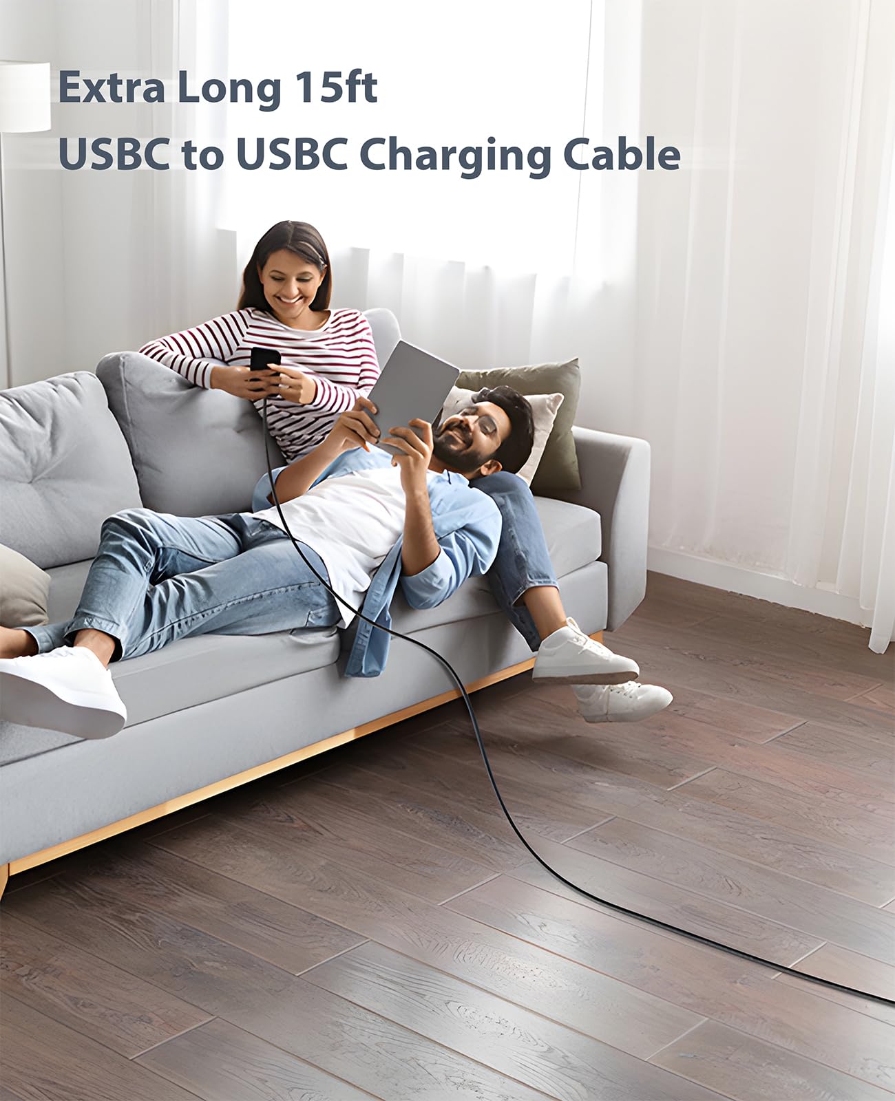 100W USB C to USB C Cable 15FT - Extra Long Fast Charging Braided Type C Cable - Compatible with iPhone 16/15/Pro/Plus/Pro Max, Samsung Galaxy S23, LG, Nintendo Switch - Perfect for Home, Office & Travel Charging