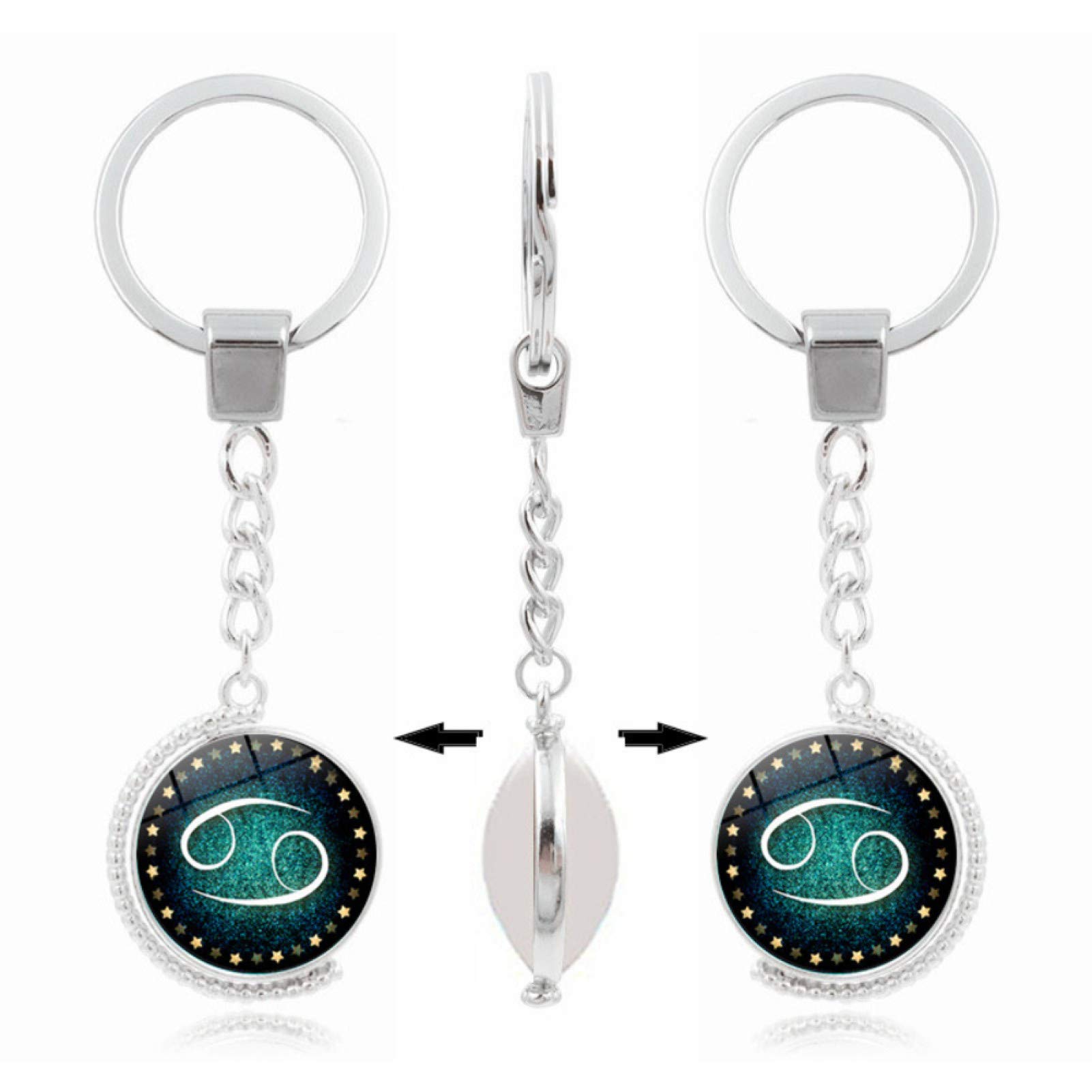 12 Constellations Double-Sided Rotatable Glass Cabochon Pendant Keychain - Zodiac Key Ring for Women & Men - Perfect for Car Keys, Gifts, and Daily Accessories