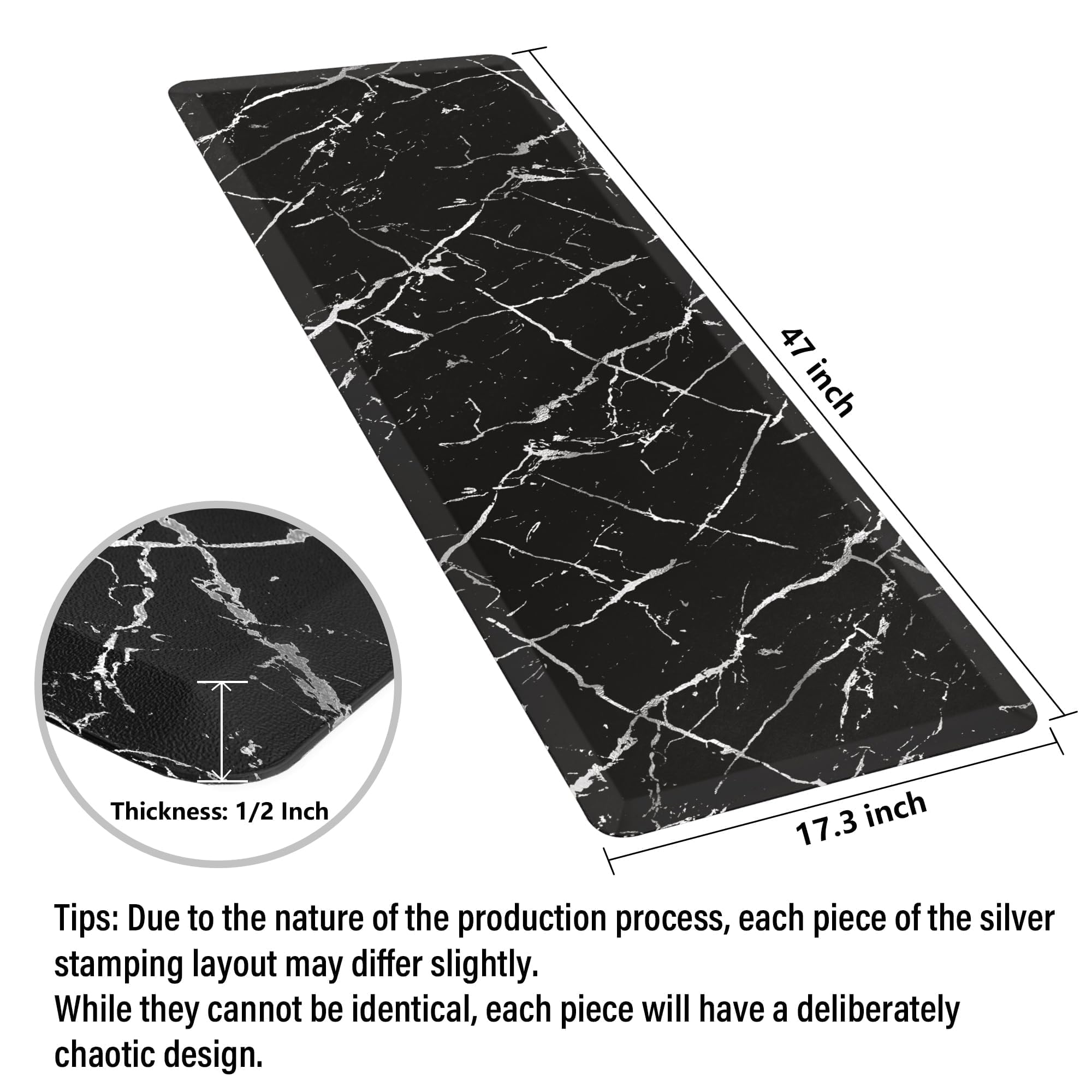 Premium Silver Metallic Anti-Fatigue Kitchen Floor Mat - 1/2 Inch Thick Cushioned, Non-Slip & Waterproof - 17.3