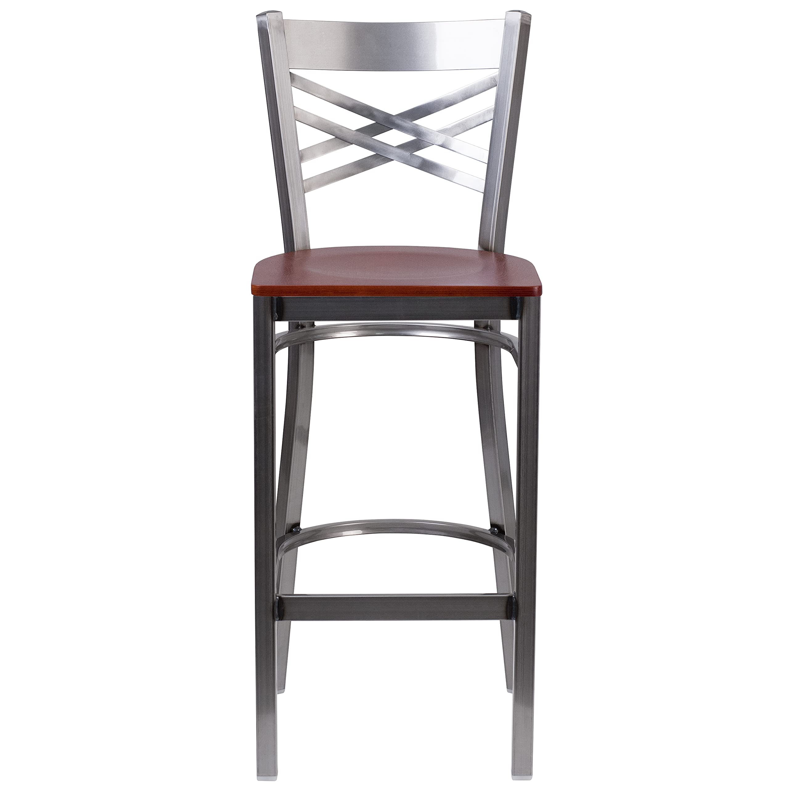 Flash Furniture HERCULES Series Clear Coated X-Back Metal Bar Stool with Cherry Wood Seat - Commercial Restaurant & Home Bar Counter Stool for Kitchen Island, Pub, and Dining Room