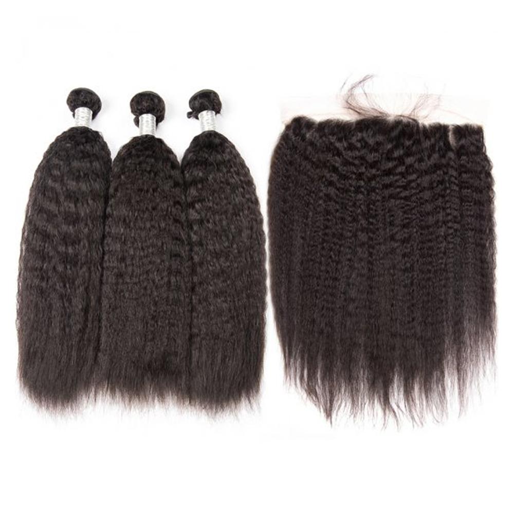 Virgin Human Hair Frontal Kinky Straight Bundle Deals - 100% Natural Black Hair Extensions for Styling & Protective Hairstyles