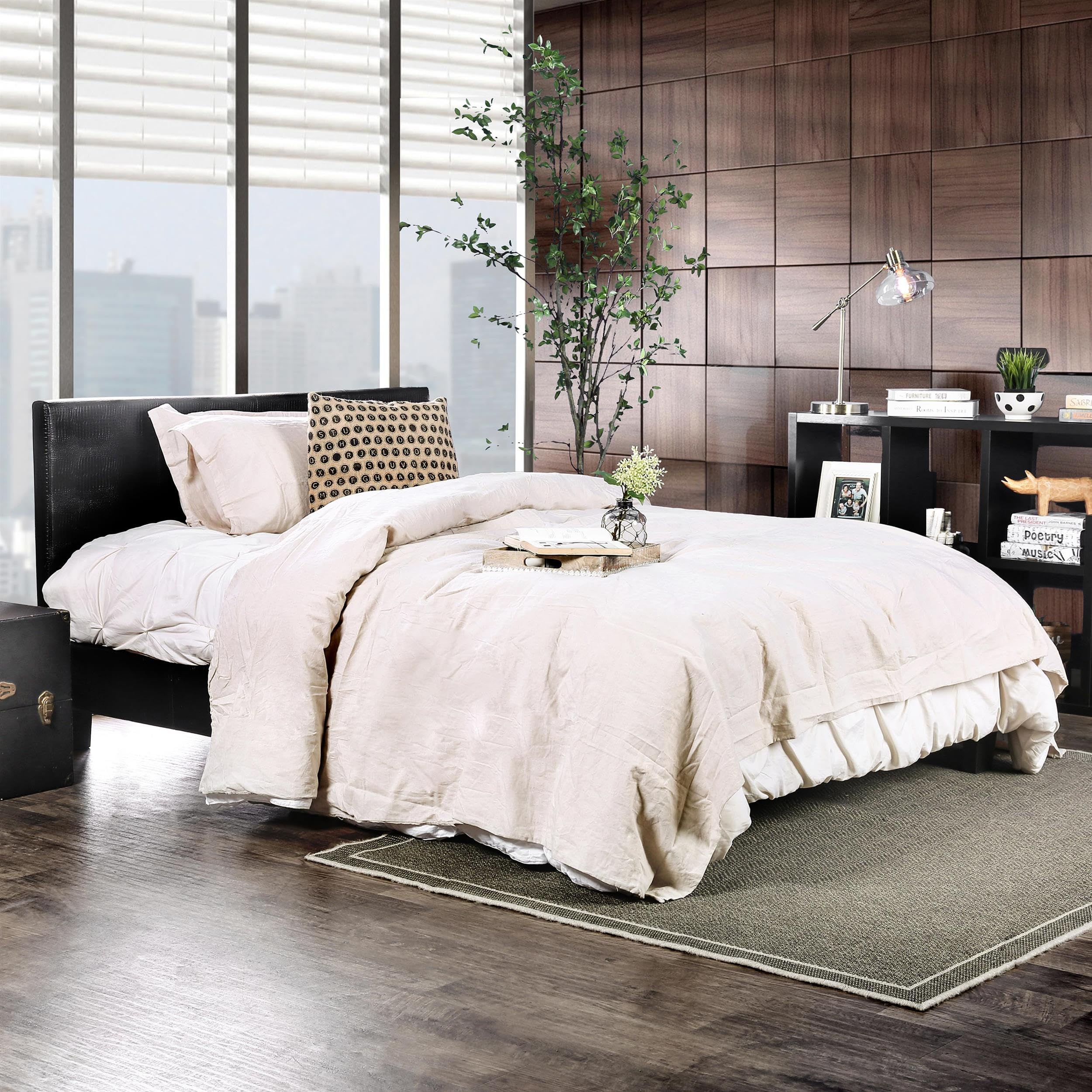 Furniture of America Hariett Full Size Leatherette Platform Bed Frame - Black Upholstered Modern Bedroom Furniture for Small Spaces & Guest Rooms