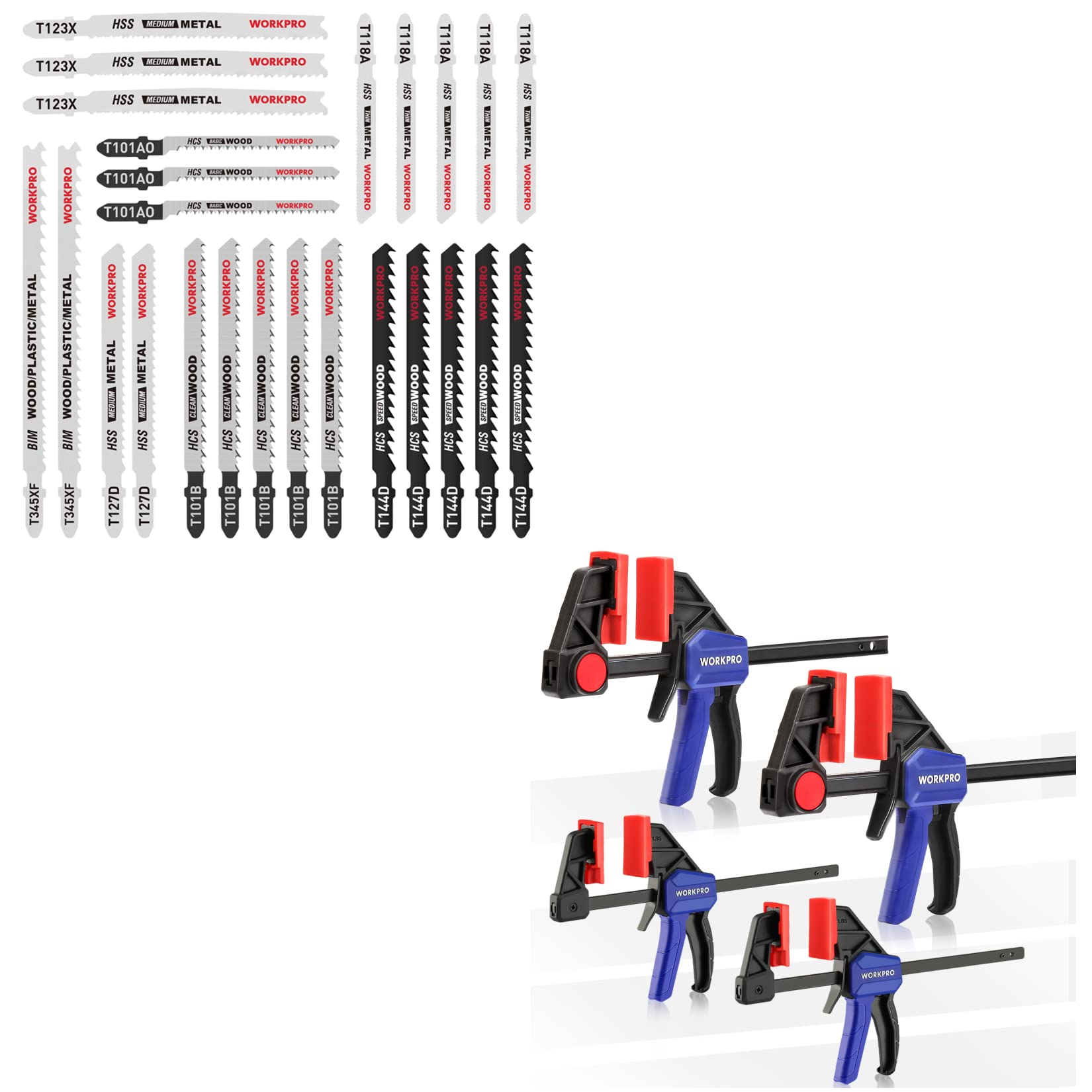 WORKPRO 25-Piece Jig Saw Blades & 4 Mini Clamps for Woodworking DIY Projects