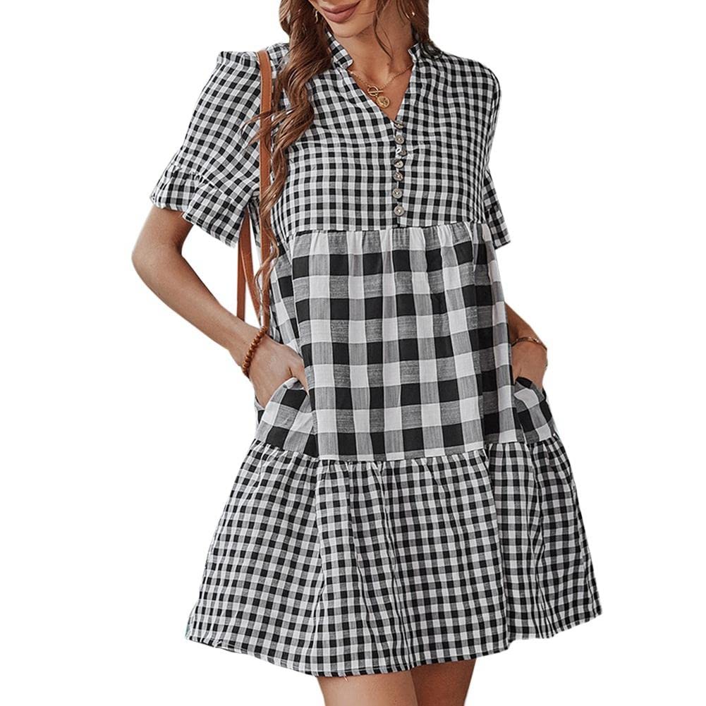 Women's V-Neck Plaid Short Sleeve Summer Dress - Loose Swing T-Shirt Style Mini Dress with Pockets | Casual Outfit for Beach, Picnic & Daily Wear