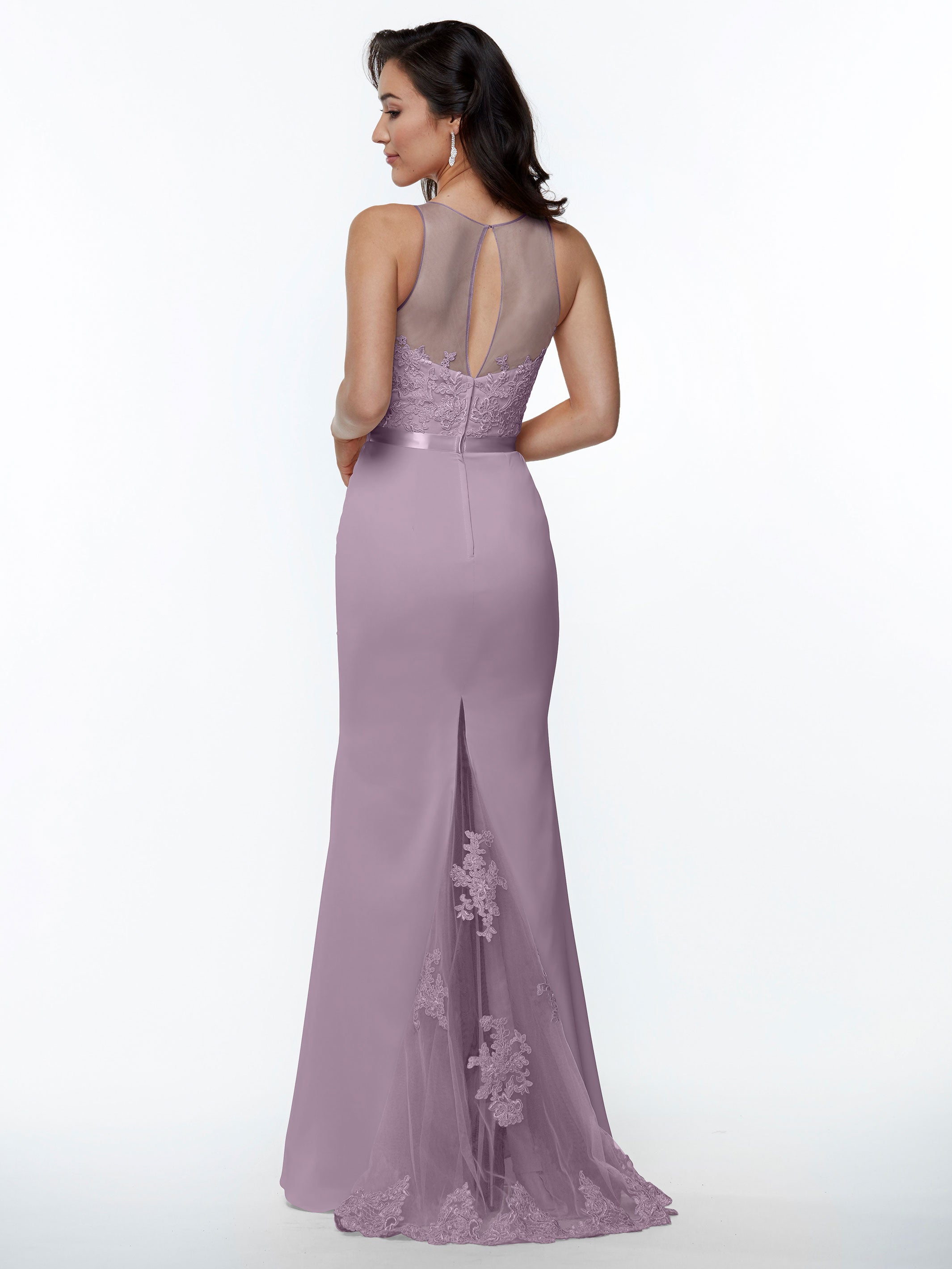 Elegant 80095 Stretch Chiffon Fit and Flare Bridesmaid Dress with Lace Illusion Bodice - Perfect for Weddings, Formal Events & Special Occasions