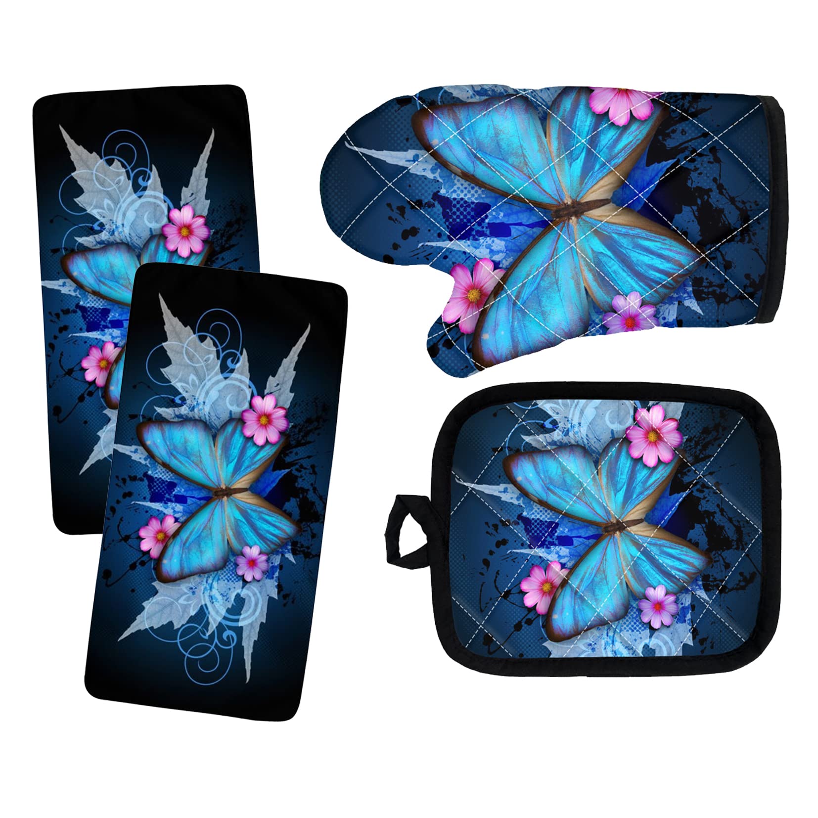 DISNIMO 4-Piece Oven Mitts and Pot Holders Set with Dish Towels - Heat Resistant Kitchen Gloves for Baking, BBQ, Grilling - Splash Ink Blue Butterfly Design with Hang Loop - Perfect for Cooking, Baking, and Kitchen Safety