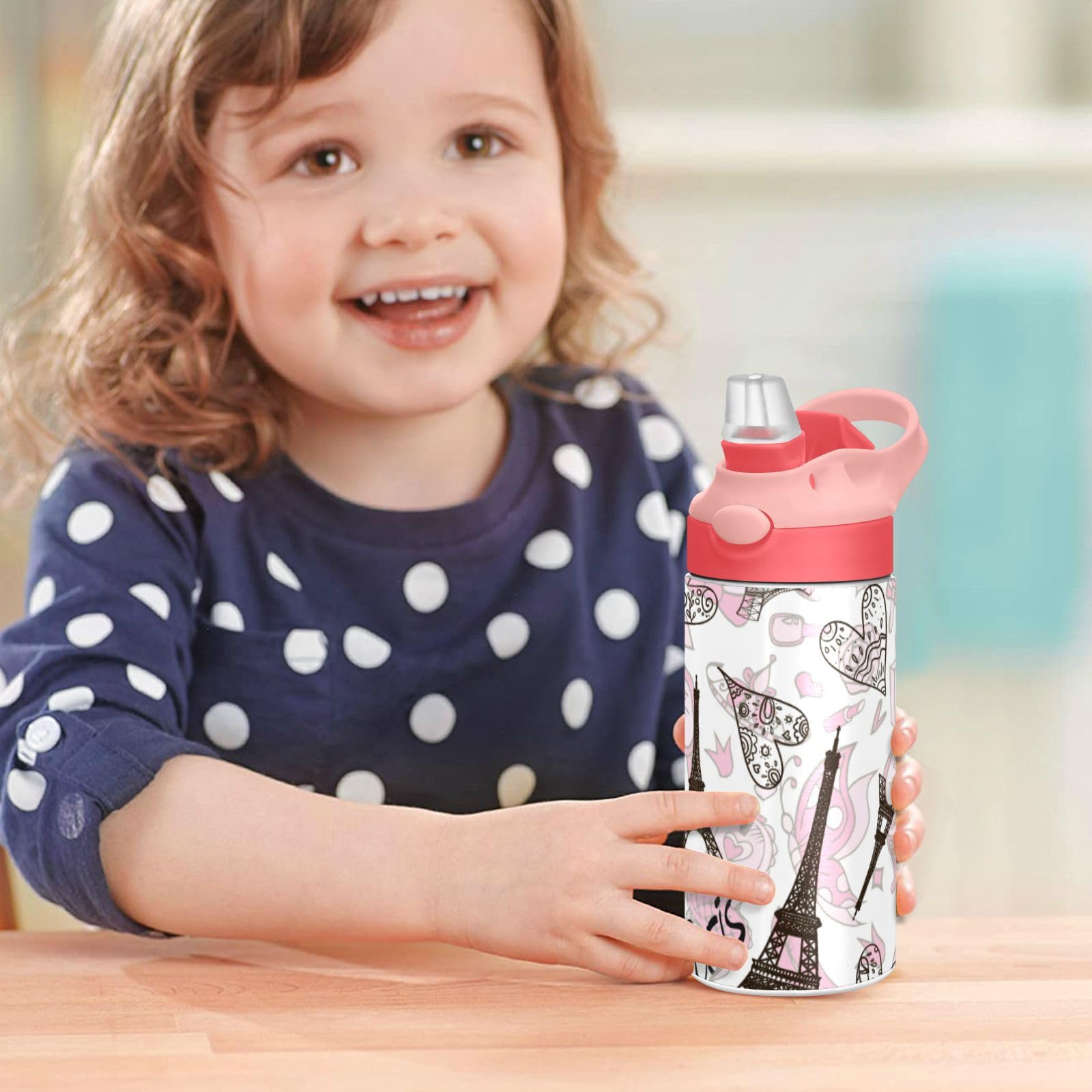 Paris Eiffel Tower Kids Water Bottle - 12oz Insulated Stainless Steel Thermos with Straw Lid, BPA-Free & Leakproof for Boys & Girls - Perfect for School, Travel & Outdoor Activities