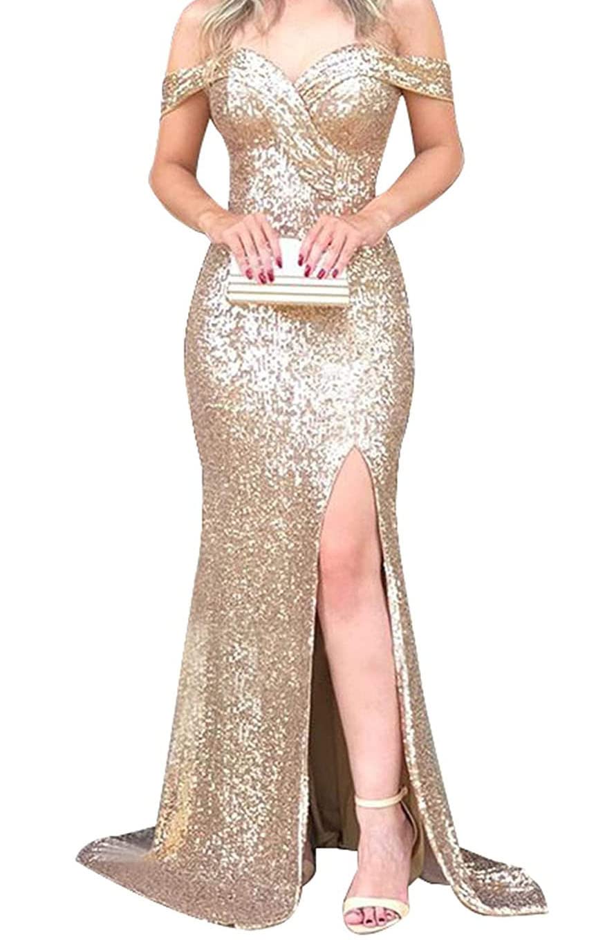 SHINDRESS Women's Off Shoulder Sequin Prom Dress - Mermaid Maxi Formal Evening Gown with High Slit (SD048) | Perfect for Prom, Homecoming, Cocktail Parties & Special Occasions