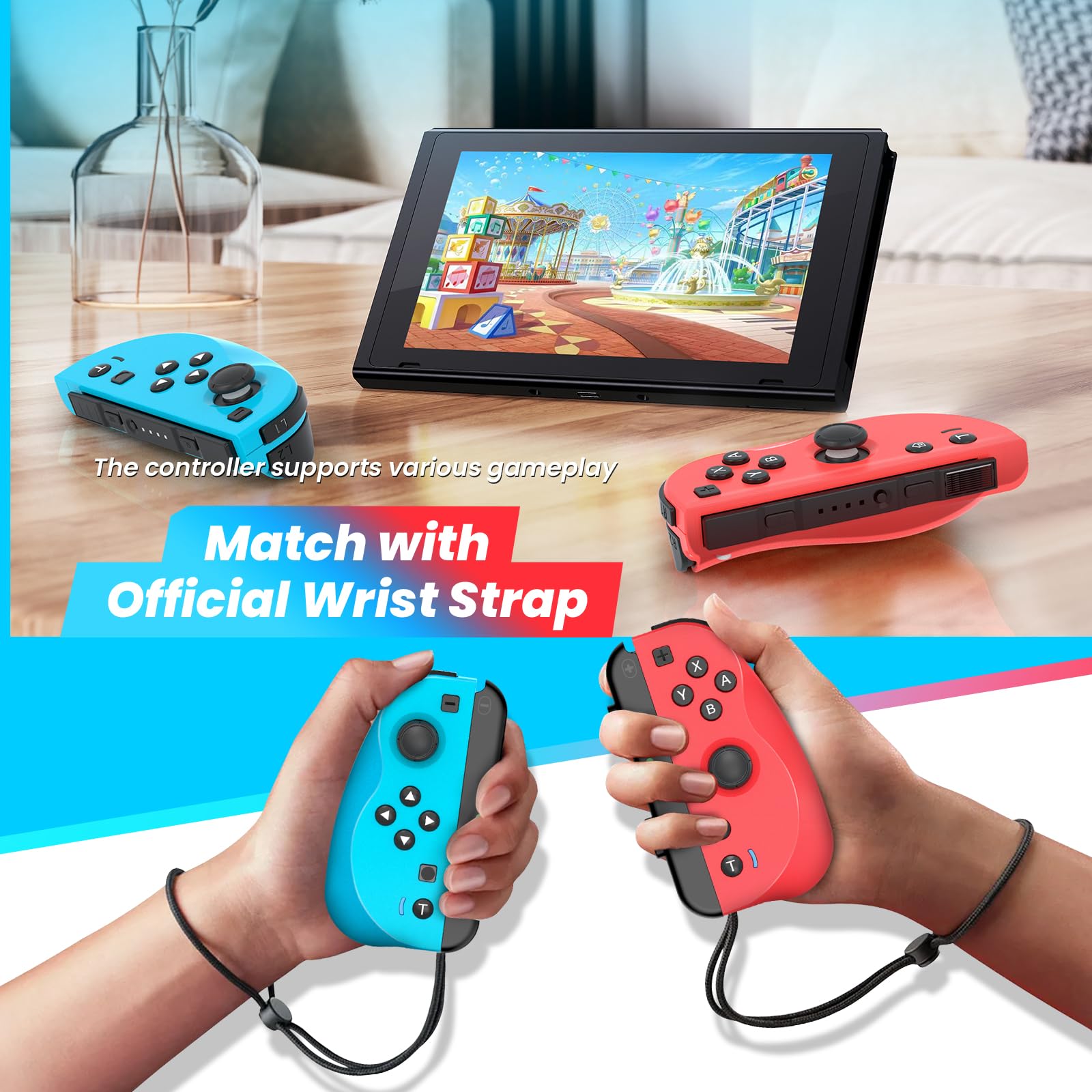 Wireless Switch Controller for Nintendo Switch/Lite/OLED - Dual Vibration, Turbo, Screenshot & Wake-up Function (Blue & Red) - Perfect for Gaming, Travel & Family Entertainment