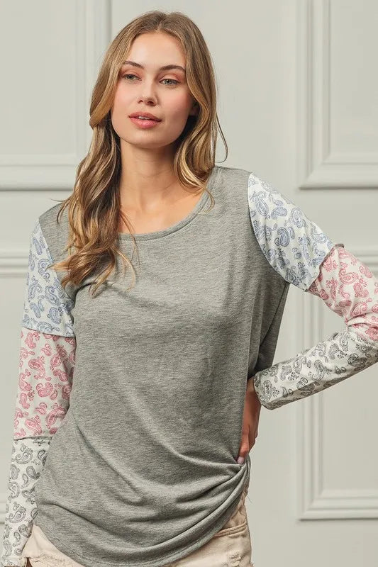 BiBi French Terry Paisley Triblend Color Block Sweatshirt - Soft Casual Pullover for Women | Perfect for Lounge Wear, Yoga & Everyday Comfort