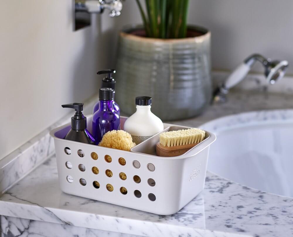 Joseph Joseph EasyStore Small Bathroom Storage Basket - Water-Resistant Organizer for Toiletries, Cosmetics & Essentials | Perfect for Bathroom Shelves, Vanity Countertops & Shower Organization (Ecru)