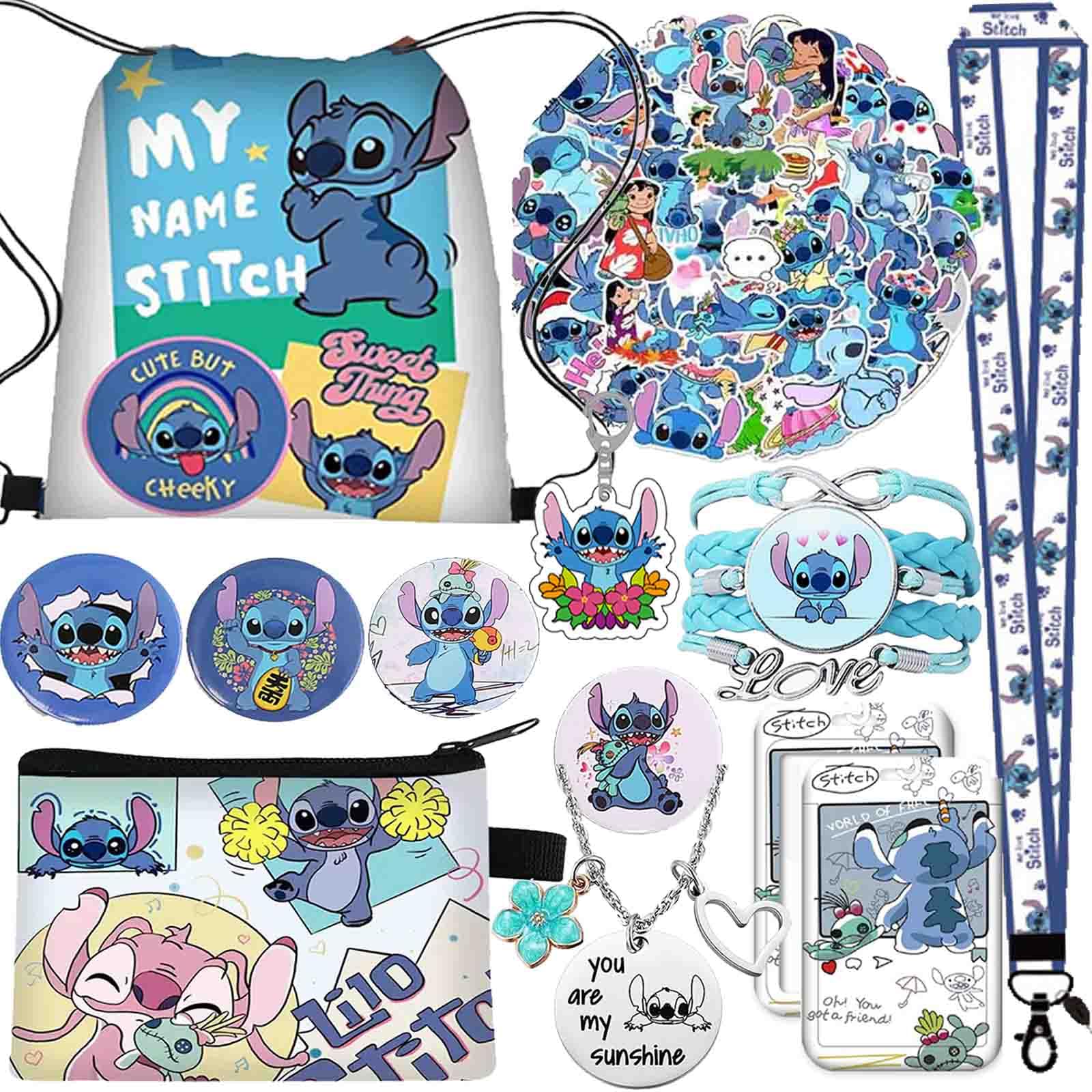 Stitch Anime Merchandise Gift Set for Girls - Cartoon Drawstring Backpack, Keychain Lanyard, Purse, Bracelets & Stickers | Perfect for Cosplay, Birthday Gifts & Disney Fans Collection (Style B)