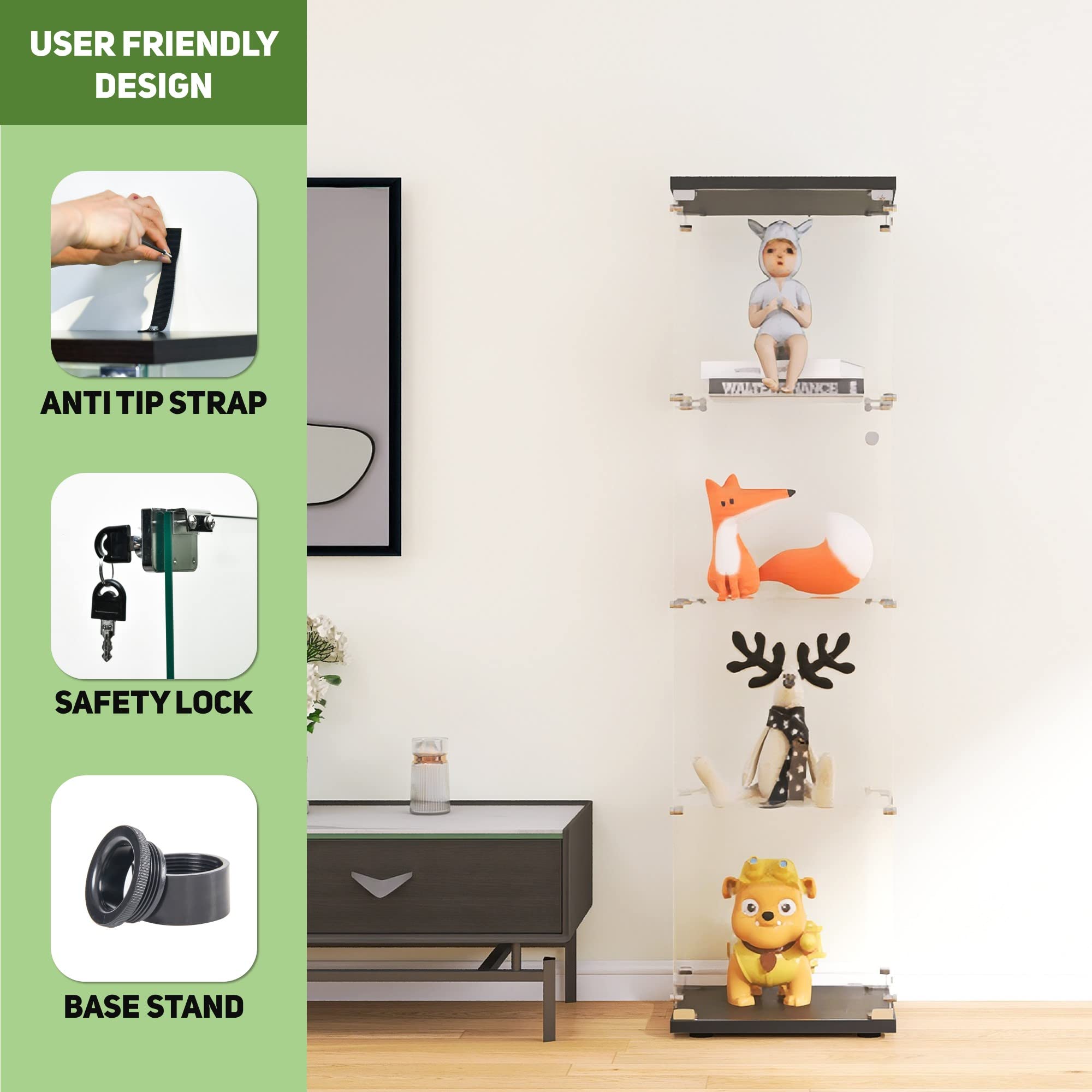 Beauty4U 4-Shelf Glass Display Cabinet - Black Floor Standing Curio Cabinet for Living Room, Bedroom & Office - Quick Assembly Glass Bookshelf - Perfect for Showcasing Collectibles, Books & Home Decor