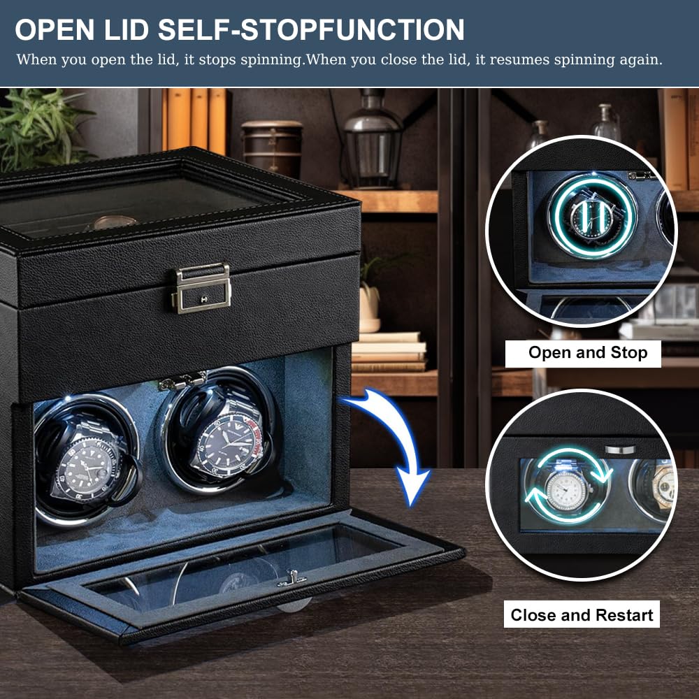 Premium Automatic Watch Winder with Japanese Quiet Motor - Double Watch Display Case with 8 Storage Slots, LED Lighting & Adjustable Pillows - AC Adapter Included | Perfect for Watch Collectors & Luxury Watch Storage at Home/Office