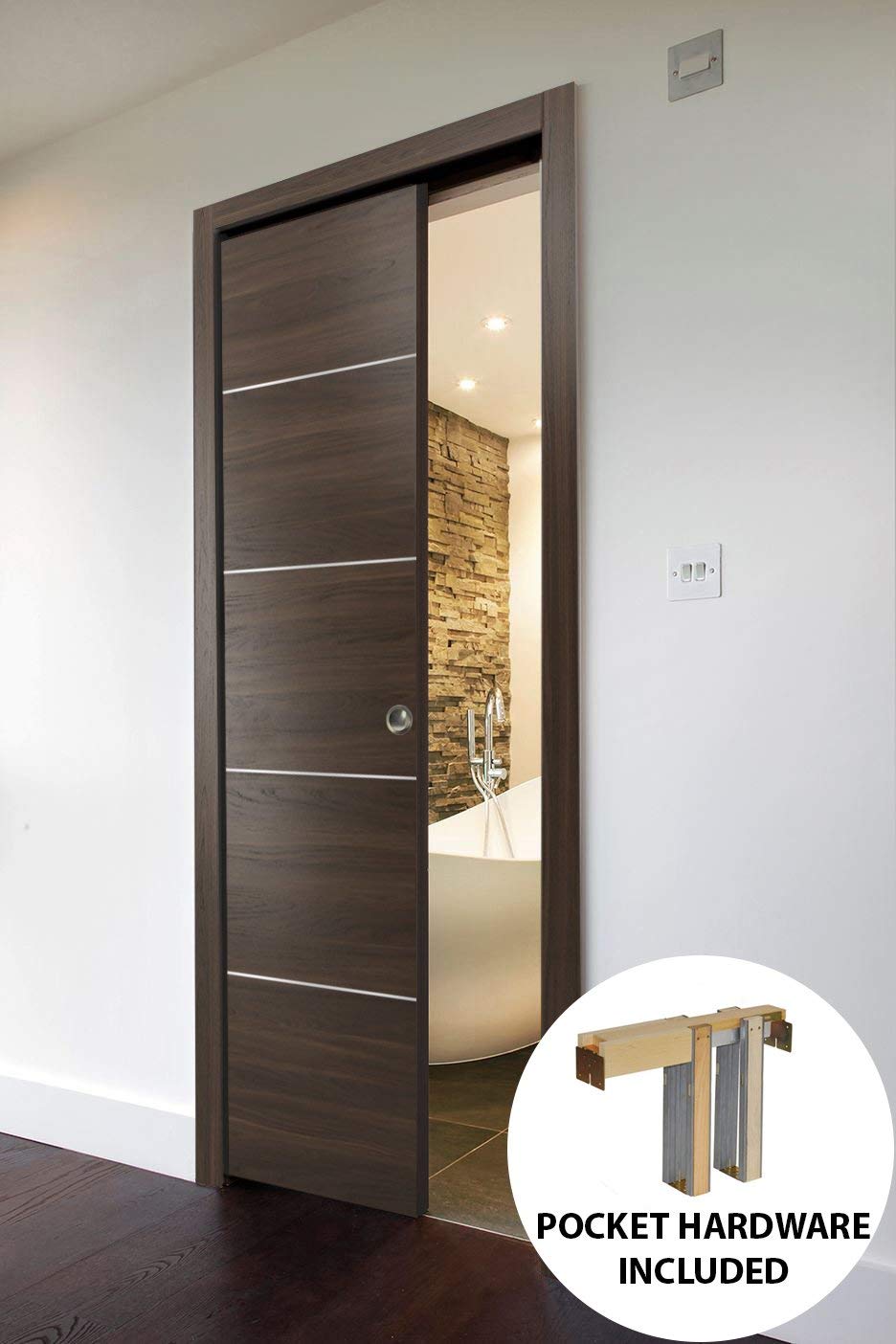SARTODOORS 42x80 Pocket Sliding Brown Door with Frame - Planum 0020 Chocolate Ash Finish | Solid Core Closet Door with Hardware & Trims | Perfect for Bedrooms, Walk-in Closets & Space-Saving Room Dividers