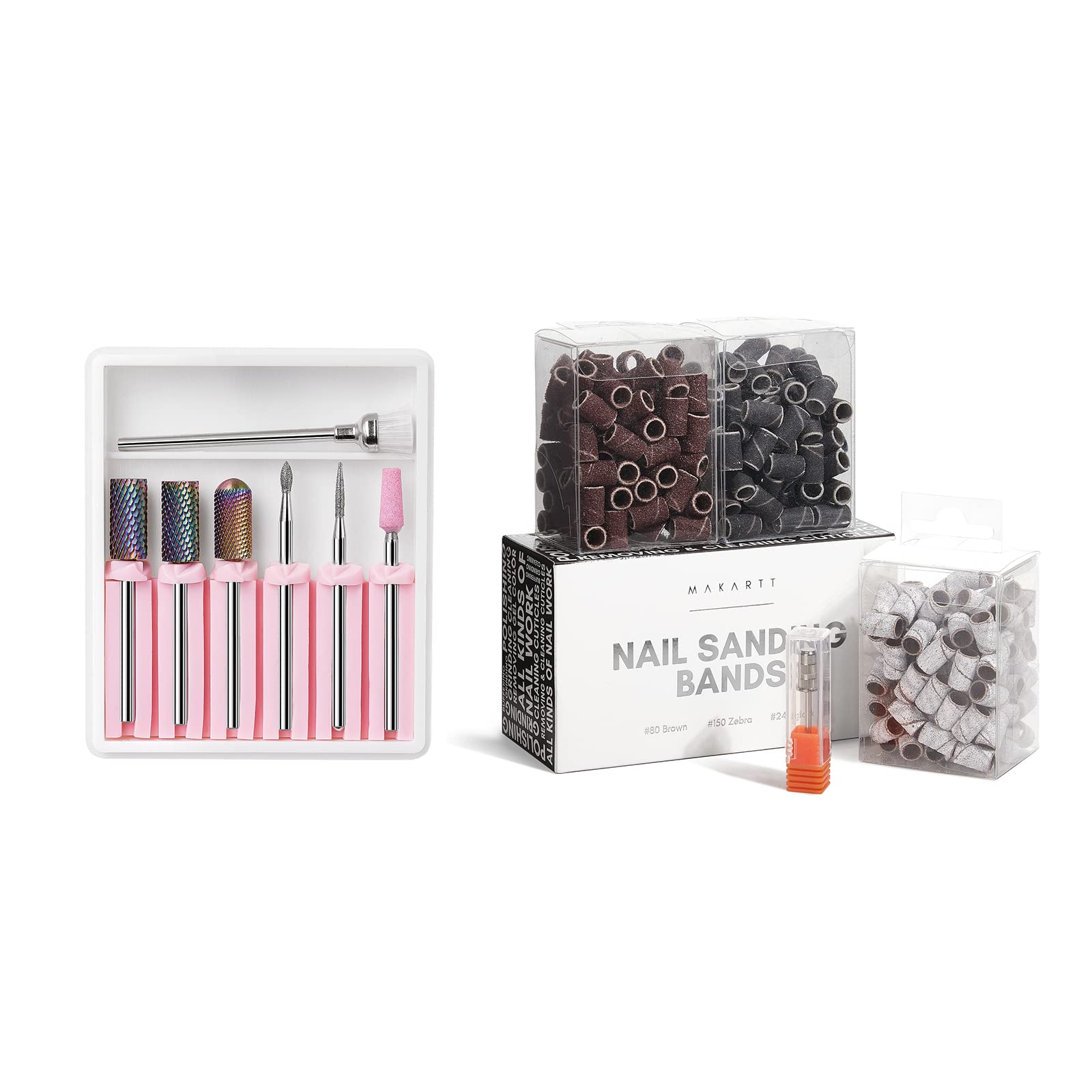 Makartt 7Pcs Professional Nail Drill Bits Set - Tungsten Carbide, Diamond & Ceramic Bits for Acrylic Nails, Includes 3/32 Drill Bits & 300Pcs Sanding Bands (#80#150#240 Grits) - Perfect for Salon, Home Manicure & Nail Art