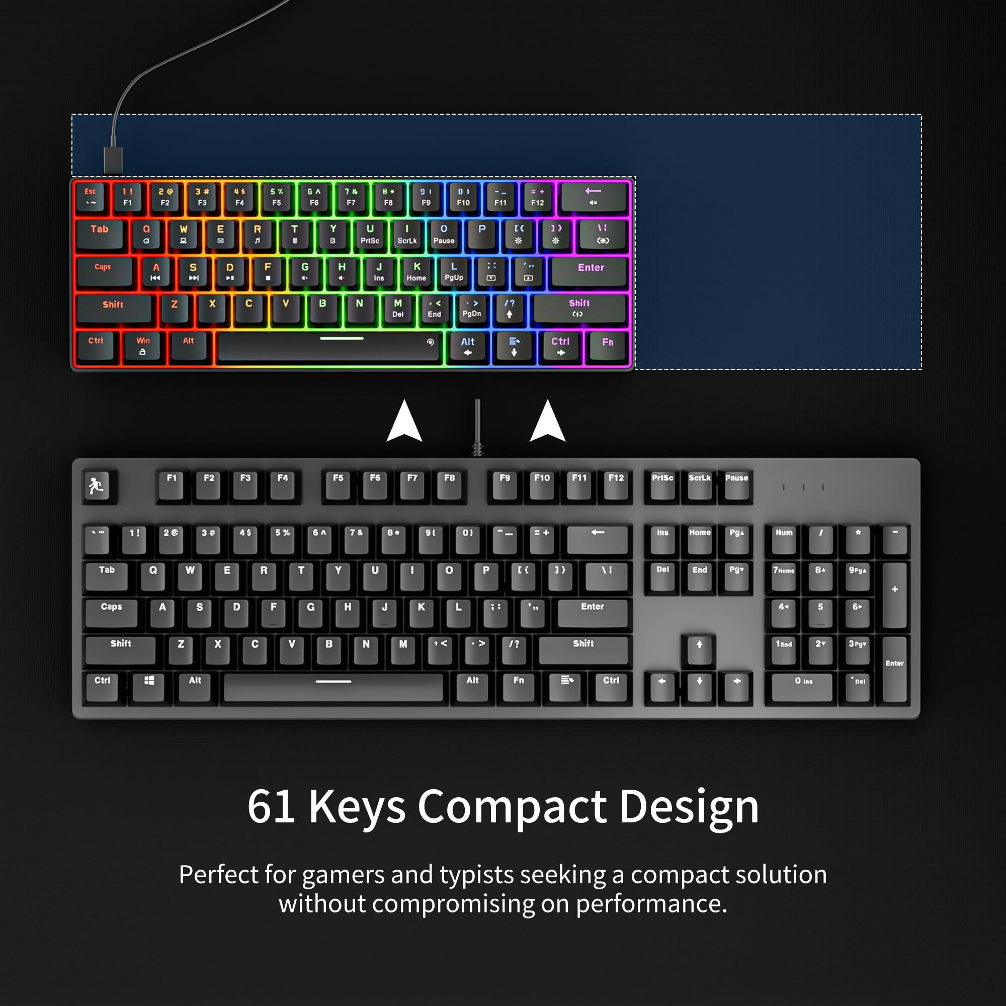 Newmen GM611 60% Mechanical Keyboard - Rainbow LED Backlit, Compact 61 Keys for Gaming & Office (Black/Blue Switch)