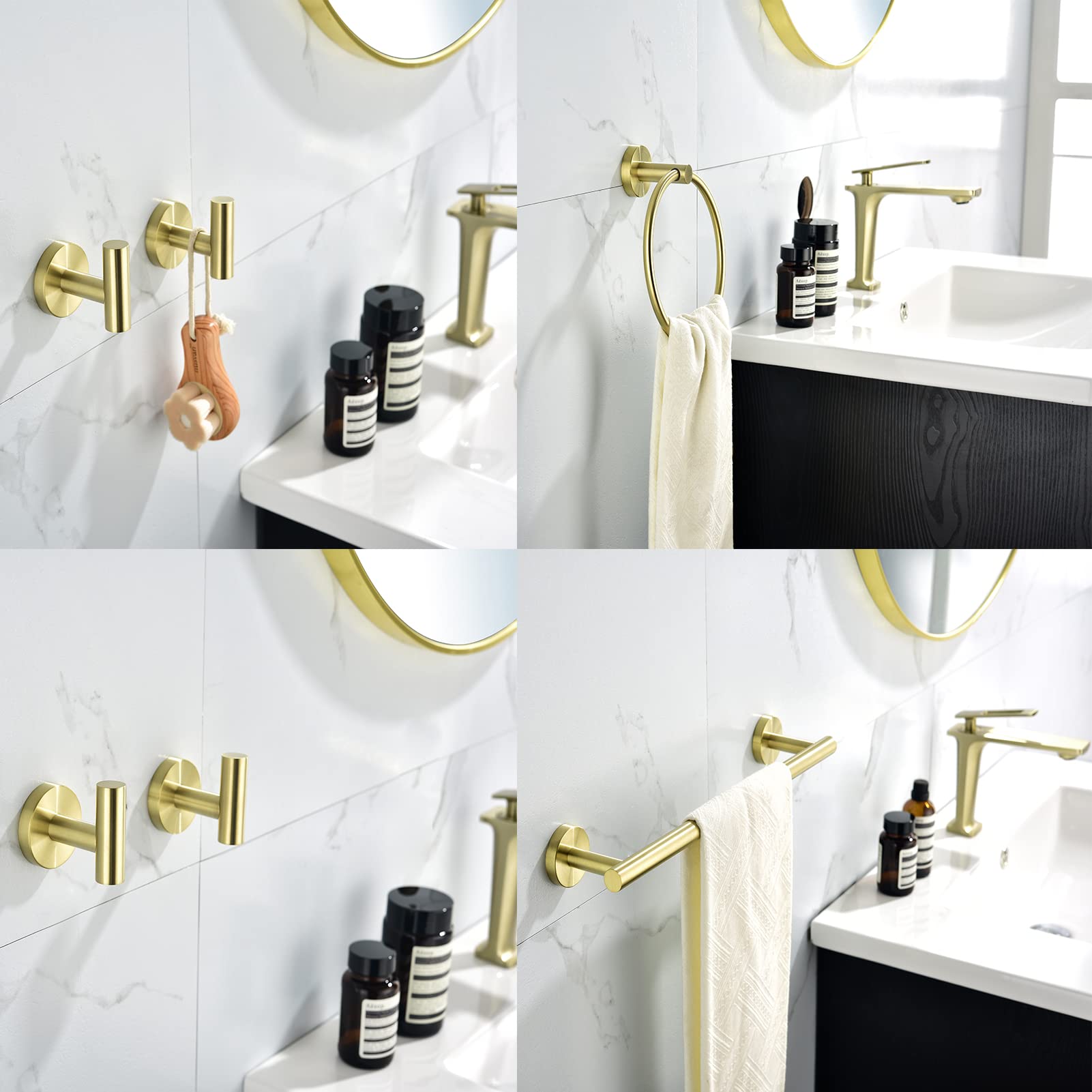 6-Piece Bathroom Hardware Set - SUS304 Stainless Steel Wall Mounted Towel Bar, Toilet Paper Holder & Robe Hooks - Modern Gold Bathroom Accessories Kit for Home, Hotel & Spa Decor