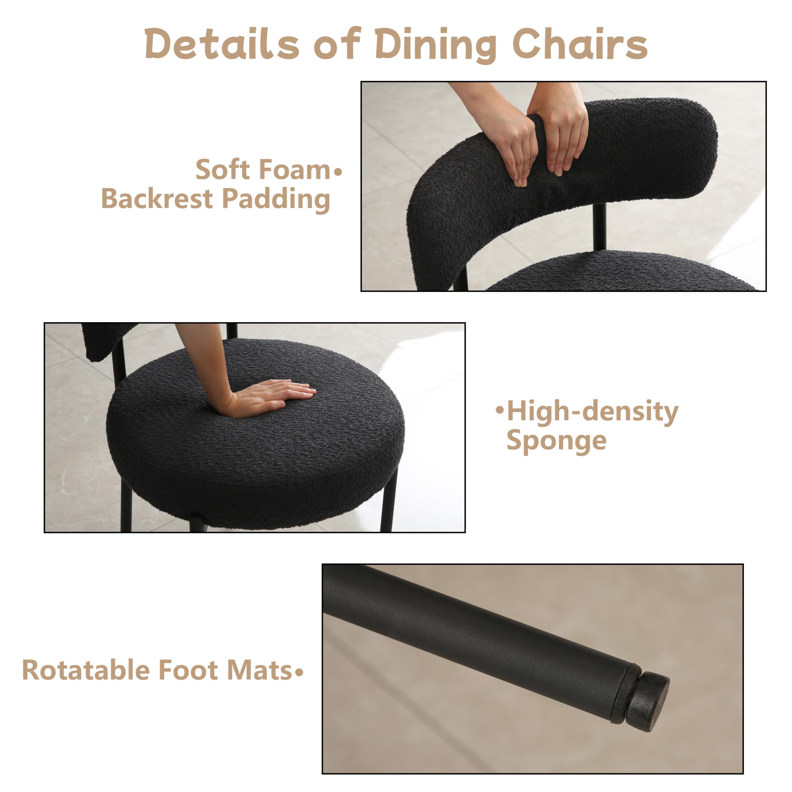 Black Dining Chairs Set of 2 - Round Upholstered Boucle Mid-Century Modern Kitchen Chairs with Curved Backrest & Metal Legs - Perfect for Dining Room, Kitchen Island & Small Space Decor