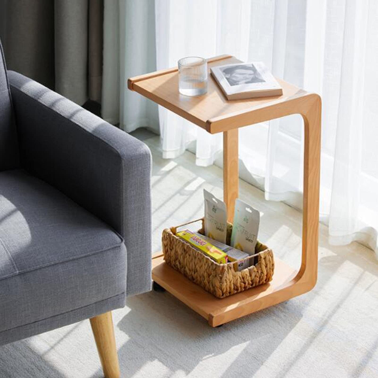 FUFU C-Shaped Side Table with Wheels - 2-Tier Wooden End Table for Sofa, Couch, Bed - Portable Snack Table for Living Room & Bedroom - Perfect for Small Spaces, TV Dinners, and Reading Nooks