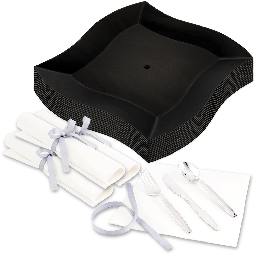 100-Piece Black Square Plastic Dinner Plates & 100-Piece Silver Plastic Cutlery Set - Bulk Disposable Tableware for Parties, Picnics, and Catering Events
