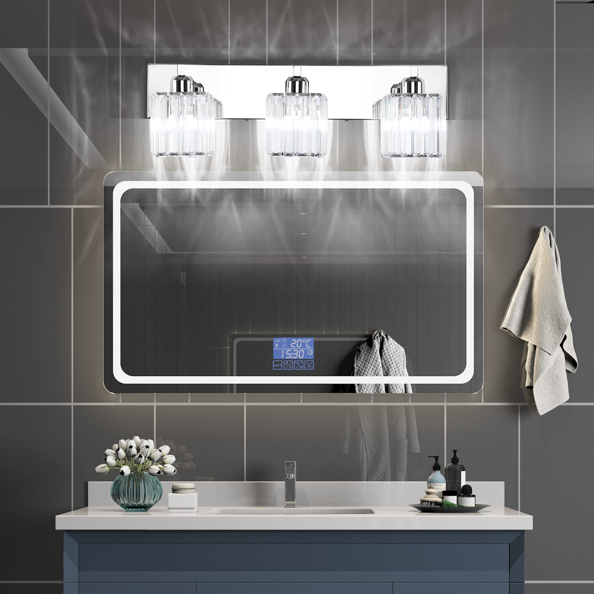 **Aipsun Crystal Chrome Bathroom Vanity Light Fixture - Modern LED Bathroom Lighting for Mirror, Sink, or Makeup Area (Bulb Not Included)**
