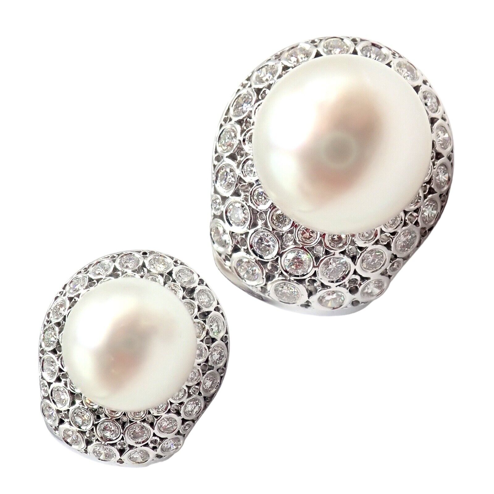 Vintage 18K White Gold Diamond & 13mm Pearl Earrings for Women - Elegant Pearl Jewelry for Weddings, Parties & Special Occasions