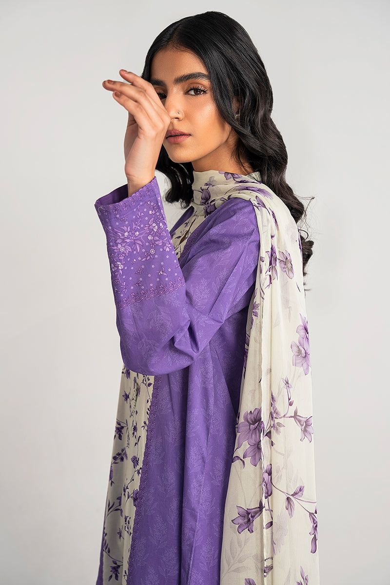 MAUVE HUE 3PC PRINTED LAWN SUIT SET - Women's Floral Printed Outfit with Shirt, Trouser & Dupatta - Perfect for Casual Wear, Parties & Festive Occasions