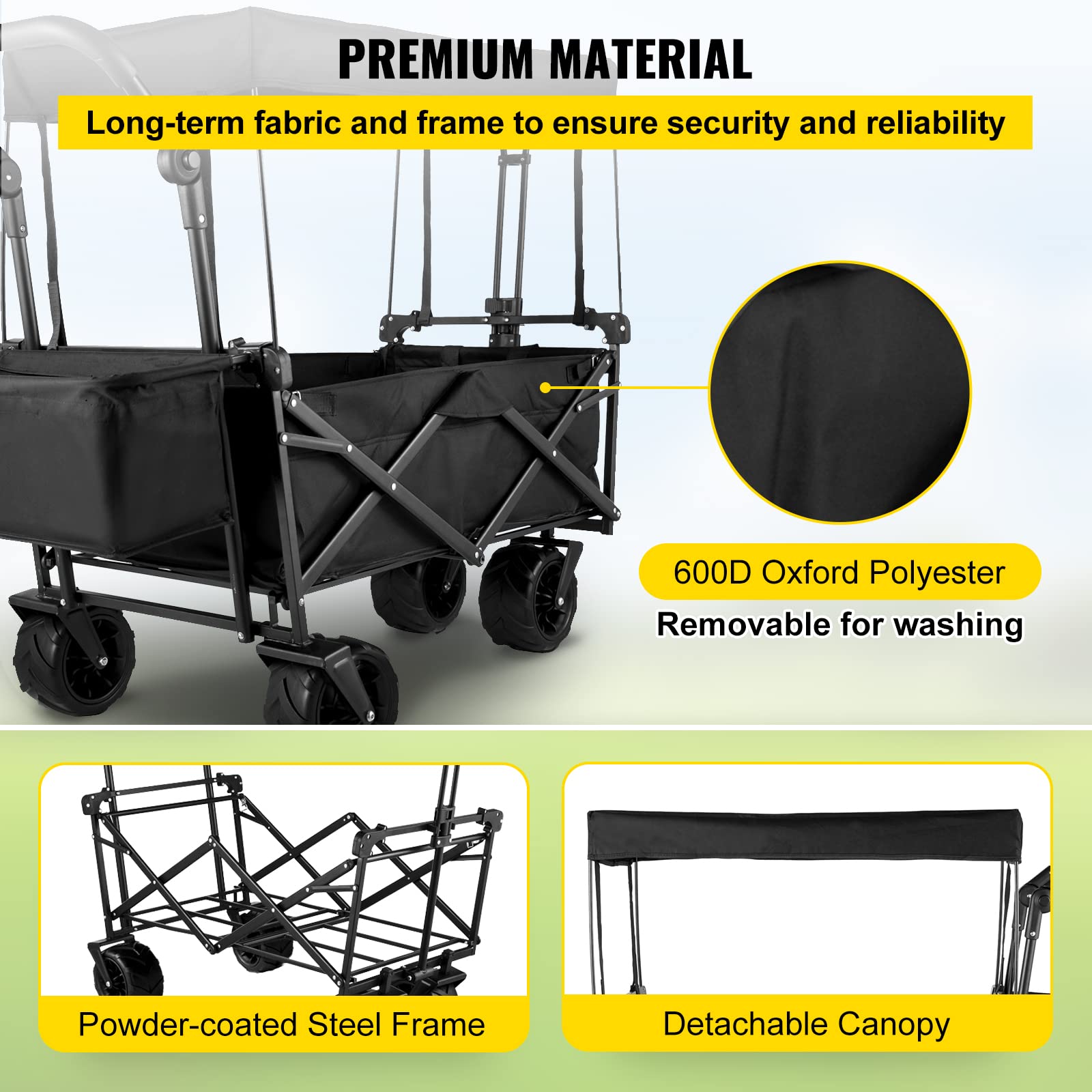 VEVOR Collapsible Wagon with Canopy - 220lbs Capacity Foldable Utility Cart with Large Wheels & Adjustable Handles - Perfect for Beach, Camping, Picnics & Outdoor Adventures