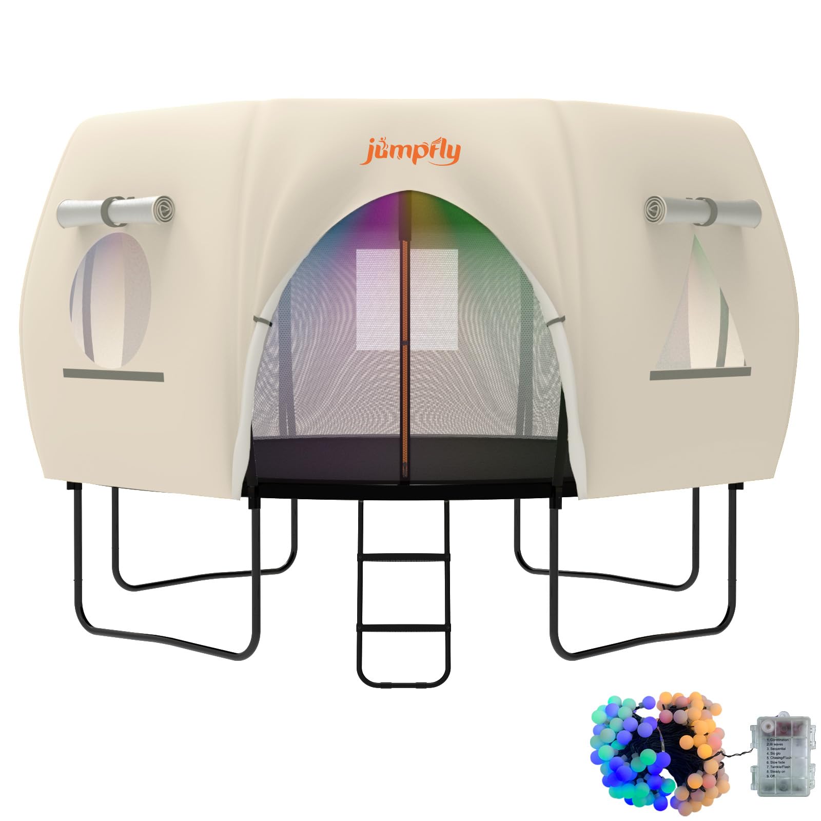 JumpFly 10FT Trampoline Tent for Kids (Tent Only) - Fits 8 Curved Poles Round Trampoline, LED Light Shade Cover, Durable Anti-Tear Canopy for Outdoor Play, Camping & Backyard Fun (Black/Light Brown)