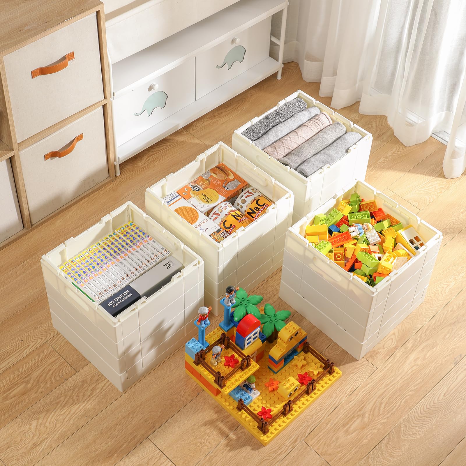 SHIMOYAMA 26 Qt Folding Storage Box with Building Baseplate Lid - Collapsible Toy Organizer for Duplo Blocks & Mega Bloks - 25L Kids Bricks Storage Bin (Yellow) - Perfect for Playroom Organization & LEGO Storage Solutions