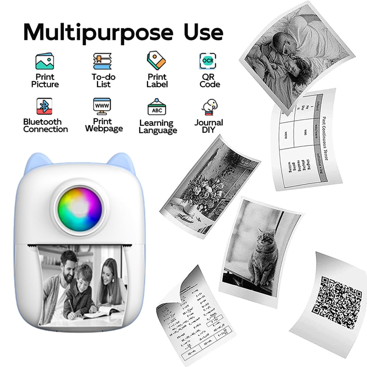 Mini Bluetooth Sticker Printer - Portable Thermal Photo Printer for iPhone, Smart Note Buddy with 10 Rolls Thermal Paper - Perfect for Journaling, Memos, Scrapbooking & DIY Crafts