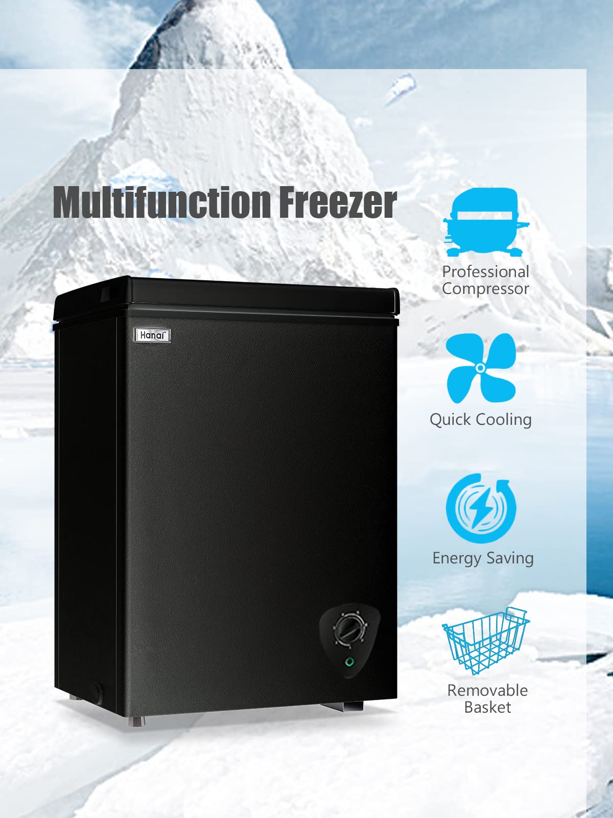 3.5 Cu.Ft Compact Chest Freezer - Energy Efficient Deep Freezer with Adjustable Thermostat & Removable Basket - Perfect for Apartments, Kitchens & Small Spaces - Black Free-Standing Top Door Design