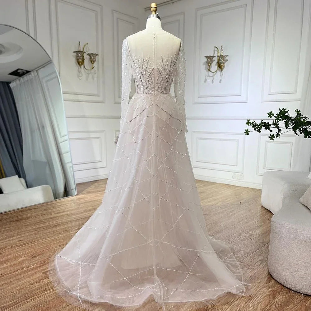 Elegant Beige Muslim Mermaid Evening Gown with Beaded Details - Luxury Overskirt Party Dress for Women 2025 | Perfect for Weddings, Galas & Formal Events