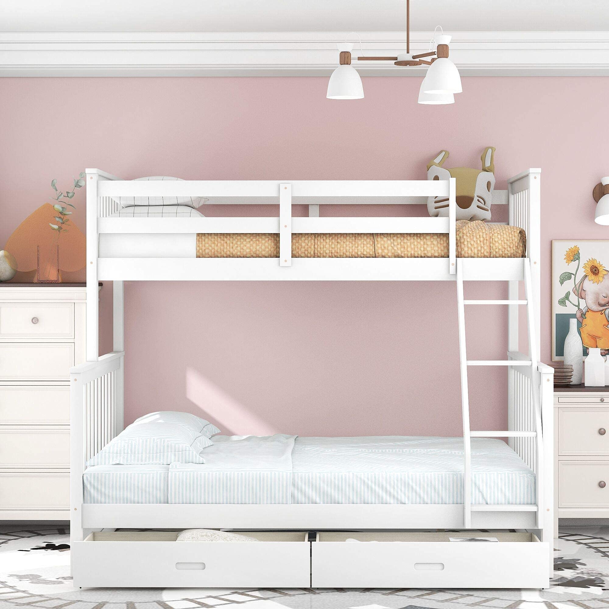 MERITLINE Twin Over Full Wood Bunk Bed Frame with Storage Drawers - White | Space-Saving Kids Bedroom Furniture for Siblings or Sleepovers