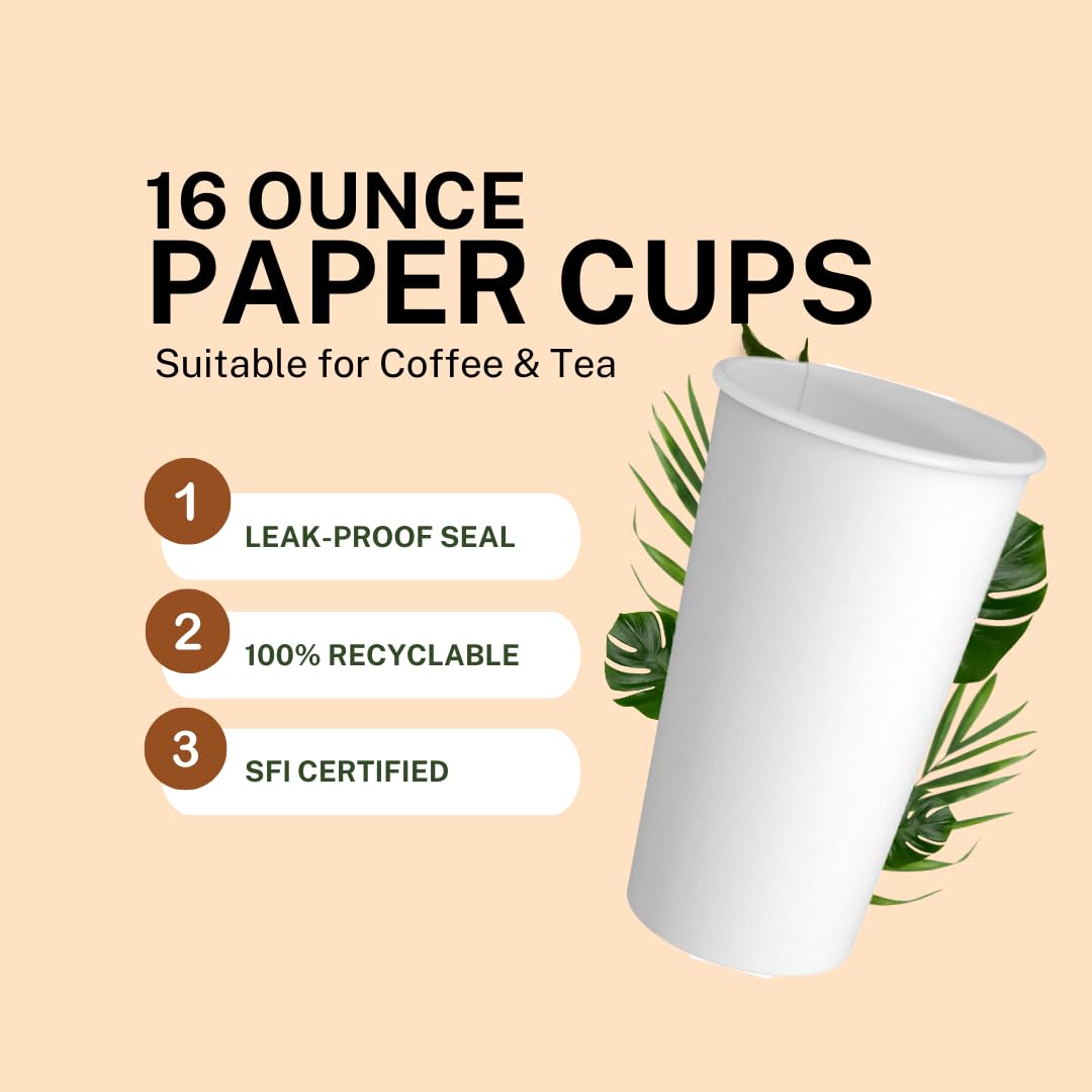 1000 Pack 16 oz Disposable Paper Cups for Coffee & Tea | Bulk Eco-Friendly To-Go Cups for Hot Drinks | Made in USA | Perfect for Home, Office, Restaurants, Cafes & Parties | Microwave Safe & Recyclable
