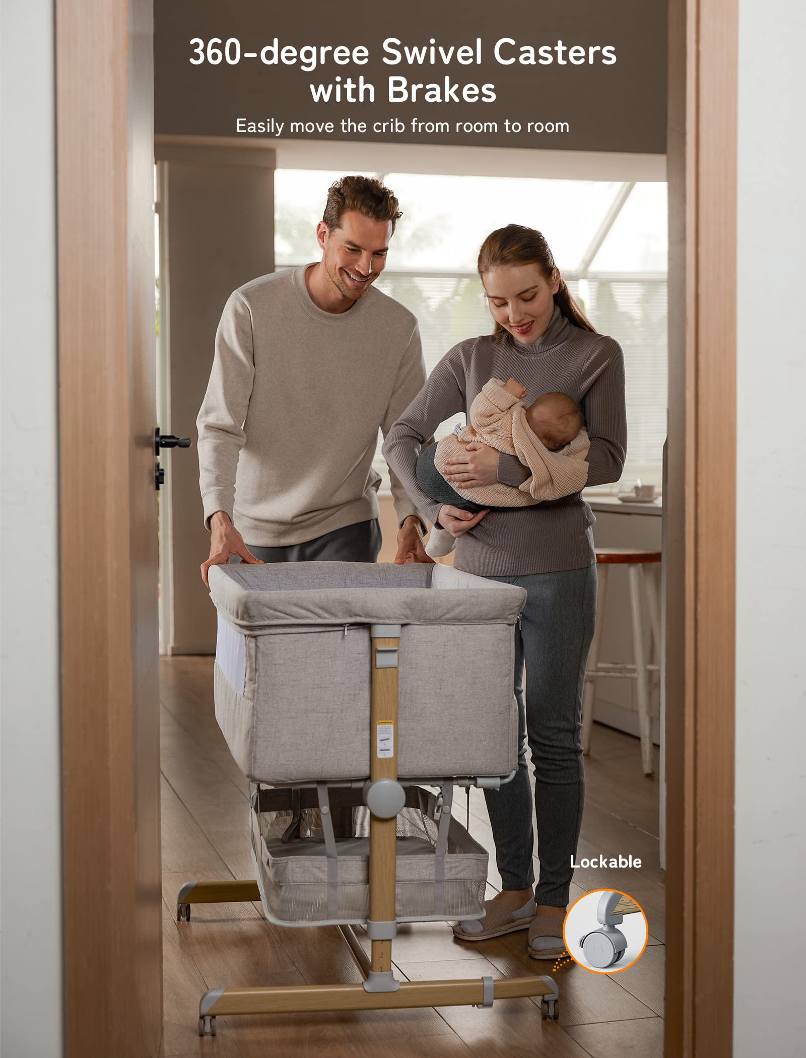 **Besrey Adjustable Baby Bassinet Bedside Sleeper with 9 Height Positions & 360° Swivel Wheels – Portable Newborn Crib with Comfy Mattress & Storage Basket – Perfect for Nursery, Co-Sleeping, and Travel**