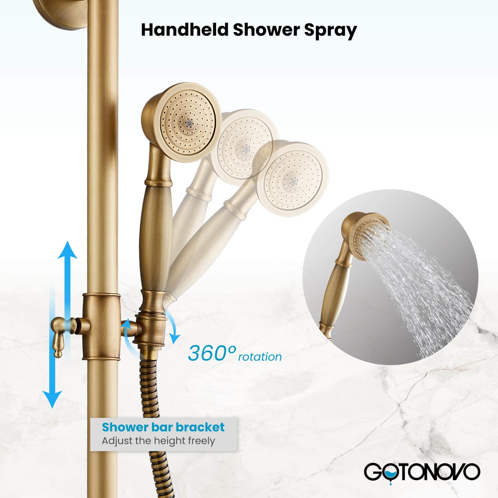 Gotonovo 8 Inch Antique Brass Rainfall Shower System - Wall Mounted Bathroom Faucet with Adjustable Handheld Sprayer, Shower Shelf & Double Cross Handles | Perfect for Vintage Style Bathrooms & Spa-Like Shower Experience