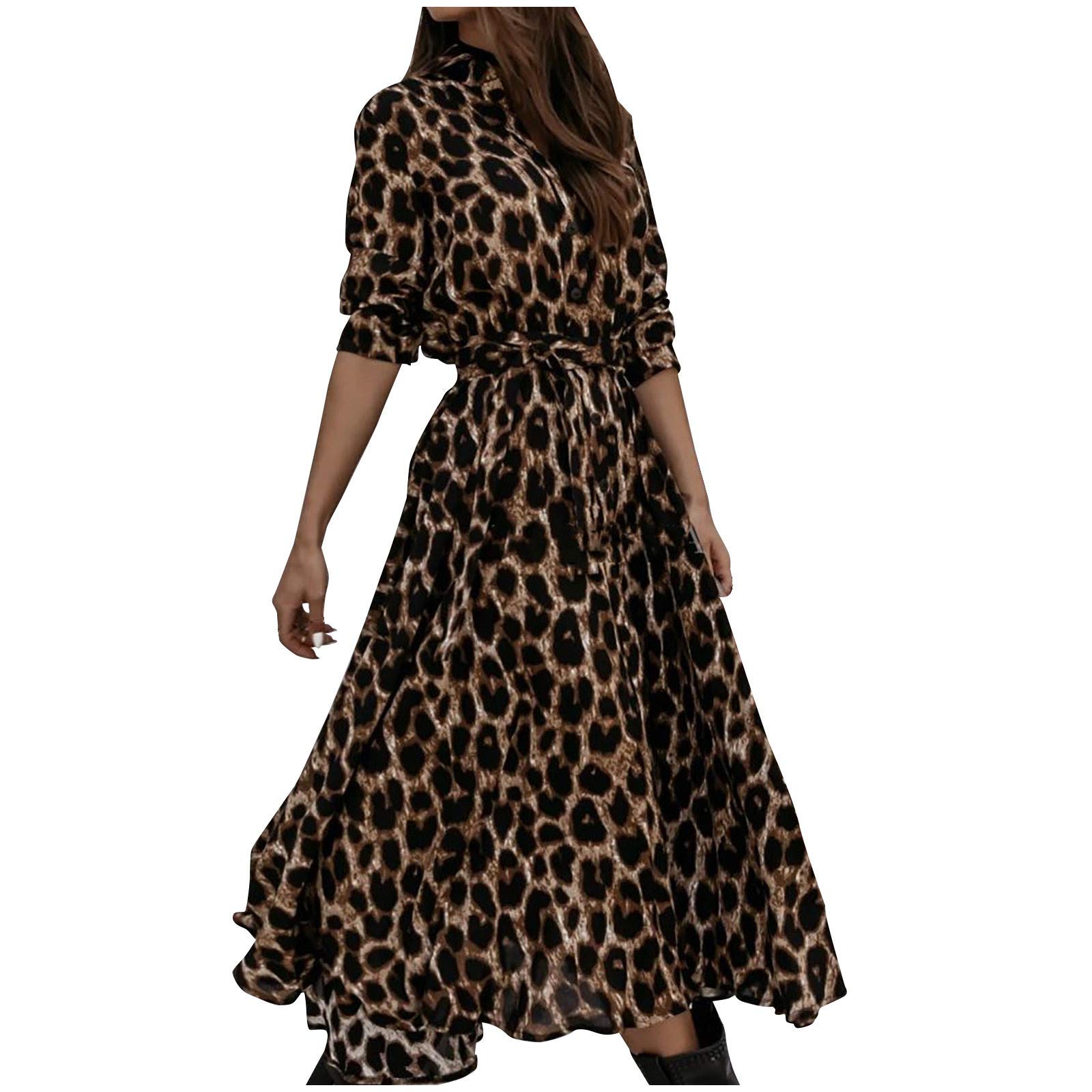 Elegant Leopard Print Long Maxi Dress with Stand Collar - Women's Fashion Floral Printed Dress for Casual Wear, Parties & Special Occasions